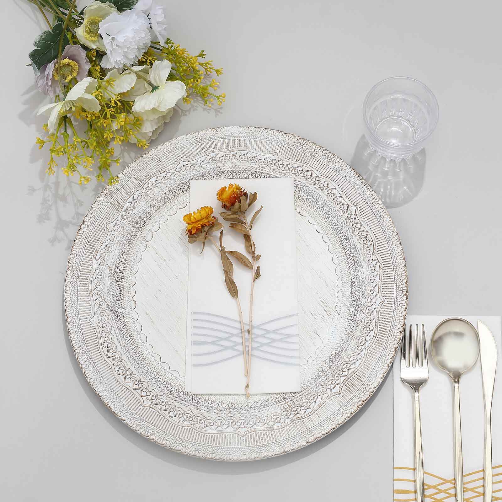6-Pack Acrylic Charger Plates 13" Round White Lace Embossed Rim - Rustic Plastic Decorative Charger Tableware - Image 2