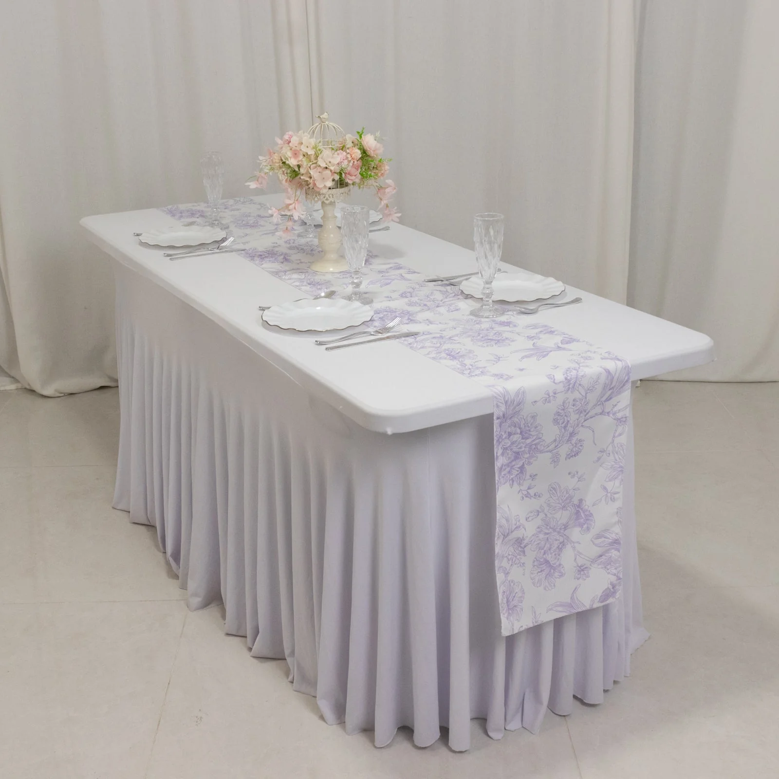 Polyester Table Runner 12"x108" White with Lavender Lilac French Toile Floral Print - Exquisite Reusable Table Décor - Image 2