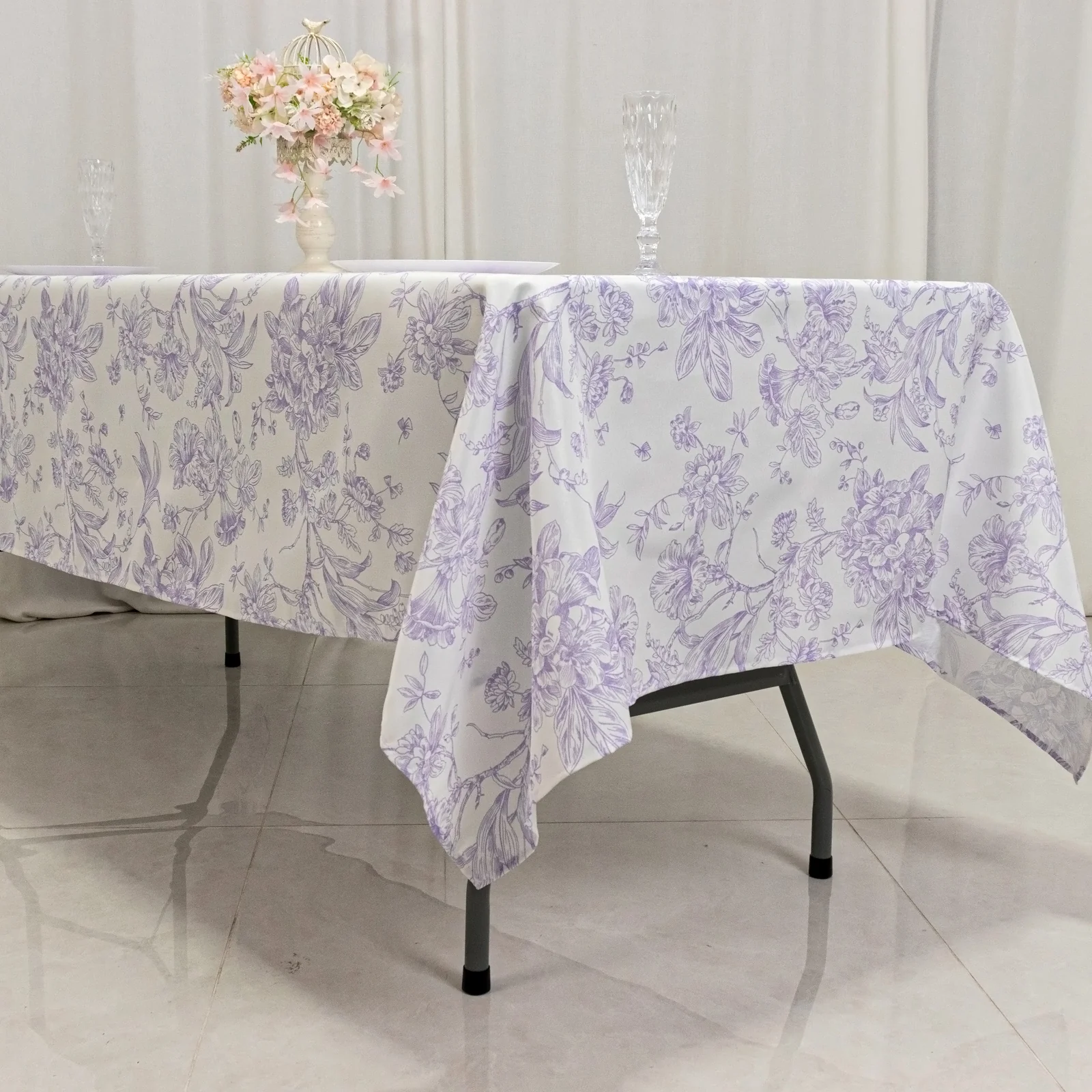 Polyester Rectangular Tablecloth 60"x102" White with Lavender Lilac French Toile Pattern - Sophisticated Table Cover for Chic Weddings & Events - Image 2
