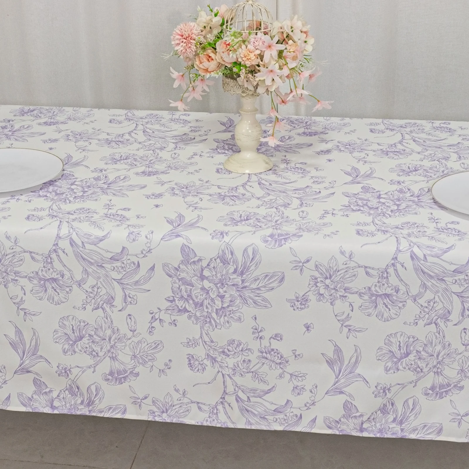 Polyester Rectangular Tablecloth 60"x102" White with Lavender Lilac French Toile Pattern - Sophisticated Table Cover for Chic Weddings & Events - Image 6