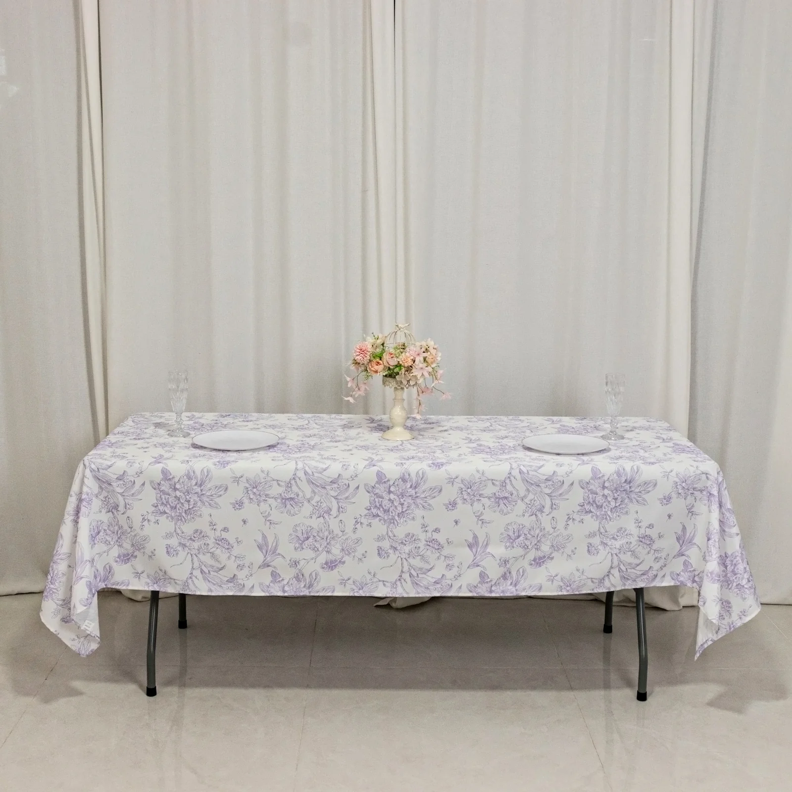 Polyester Rectangular Tablecloth 60"x102" White with Lavender Lilac French Toile Pattern - Sophisticated Table Cover for Chic Weddings & Events - Image 9