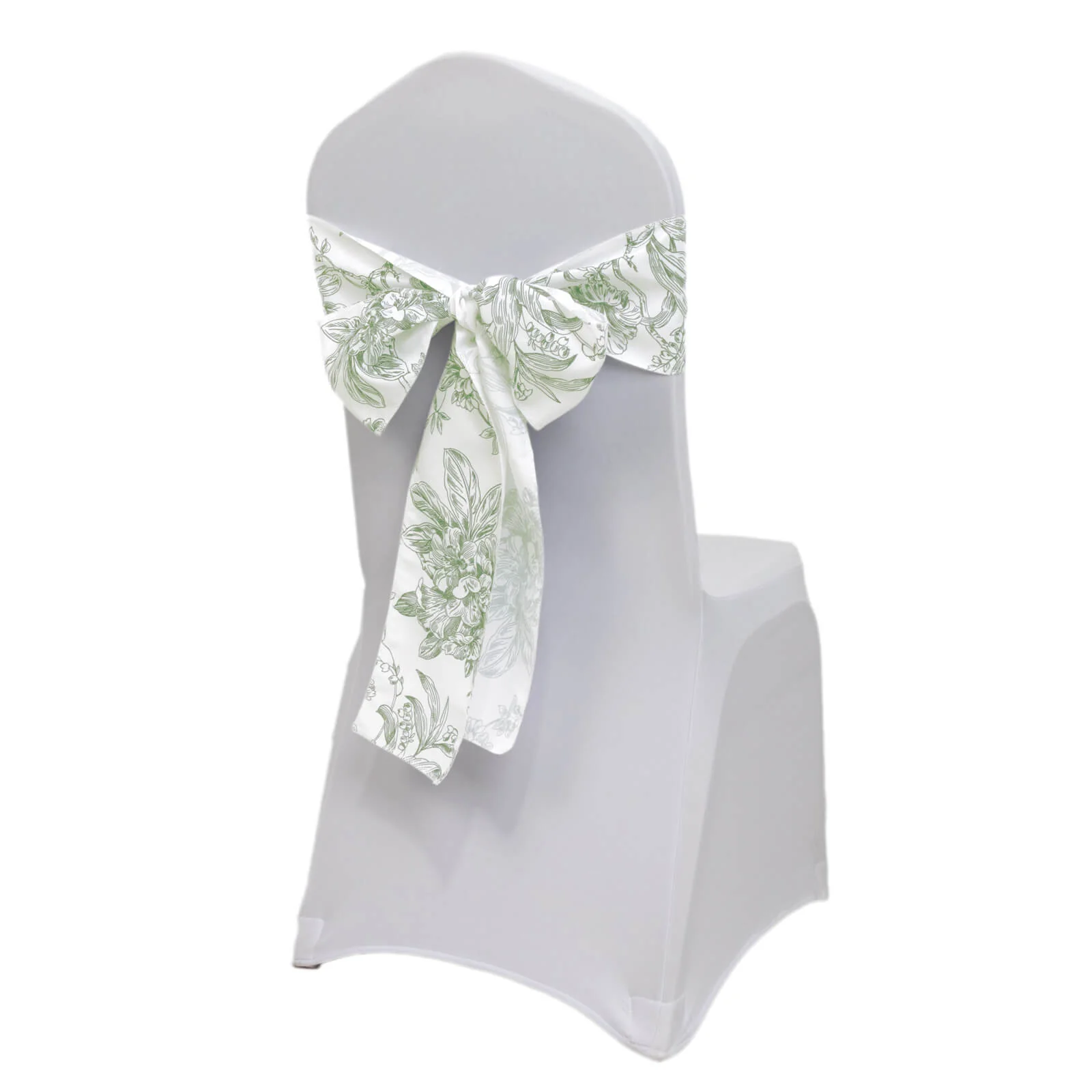 Polyester Chair Sashes 6"x108" White Dusty Sage Green French Toile Floral Design - Durable & Reusable Chair Bows - Image 6