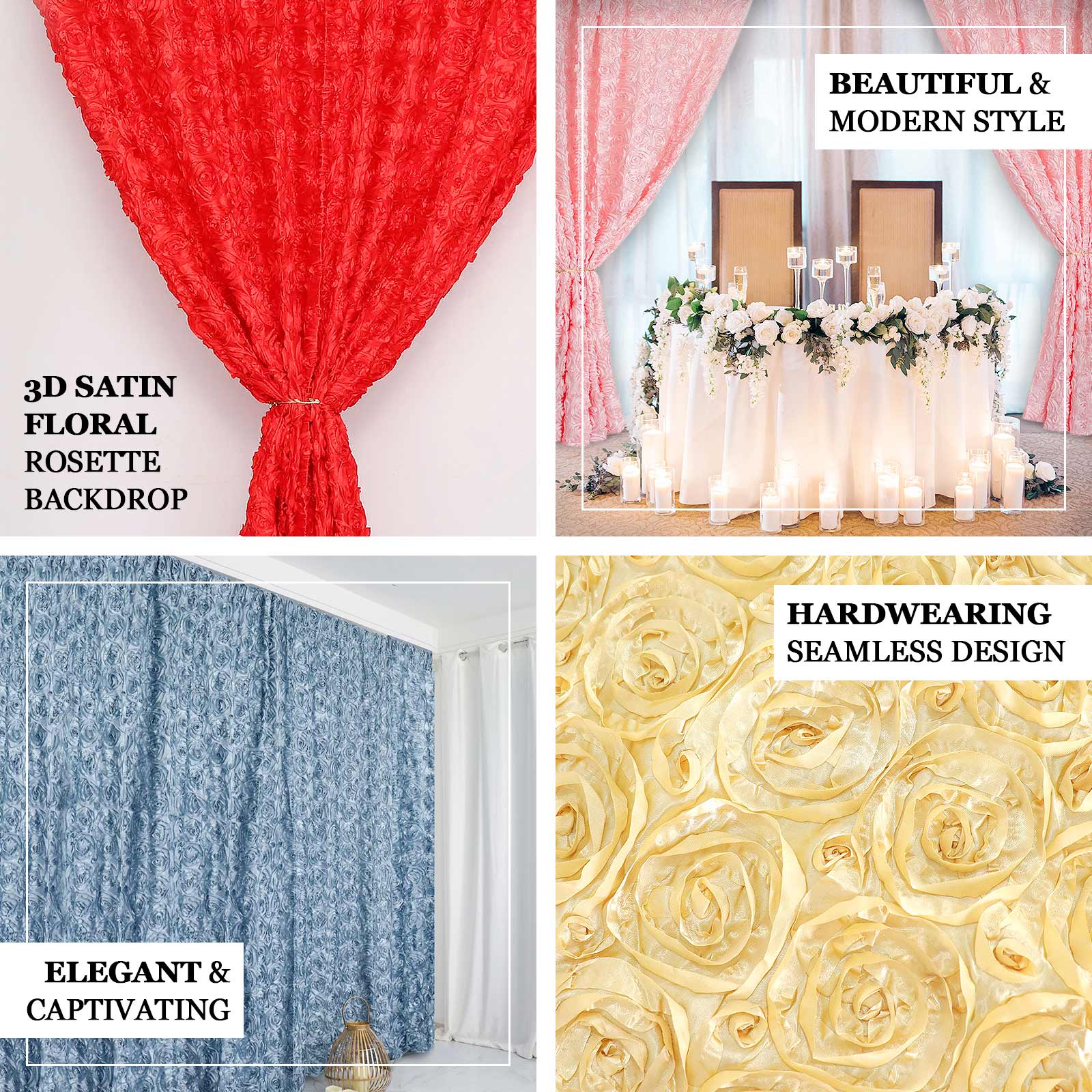 White Satin Rosette Backdrop Drape Curtain, Photo Booth Event Divider Panel - 8ftx8ft - Image 4