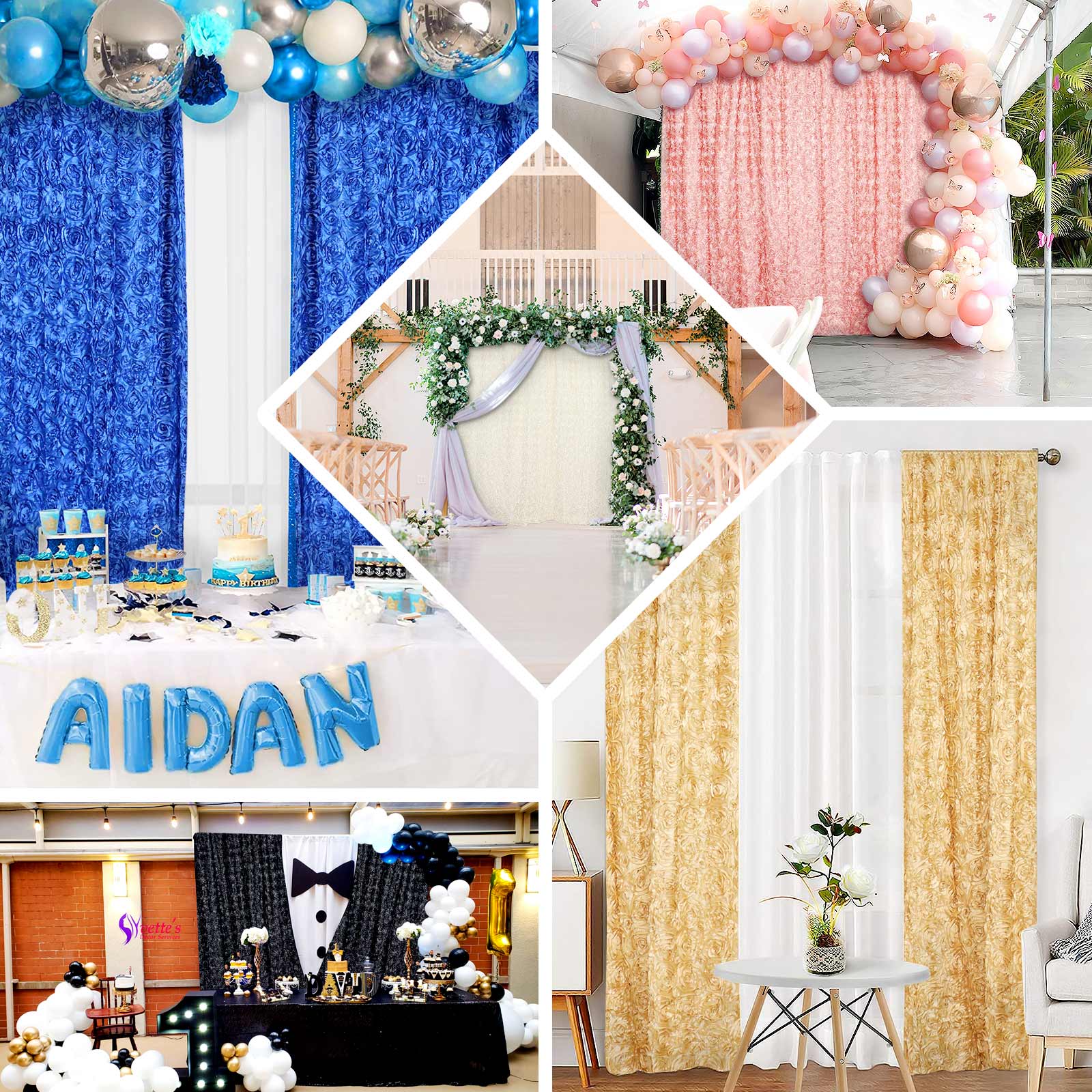 White Satin Rosette Backdrop Drape Curtain, Photo Booth Event Divider Panel - 8ftx8ft - Image 5