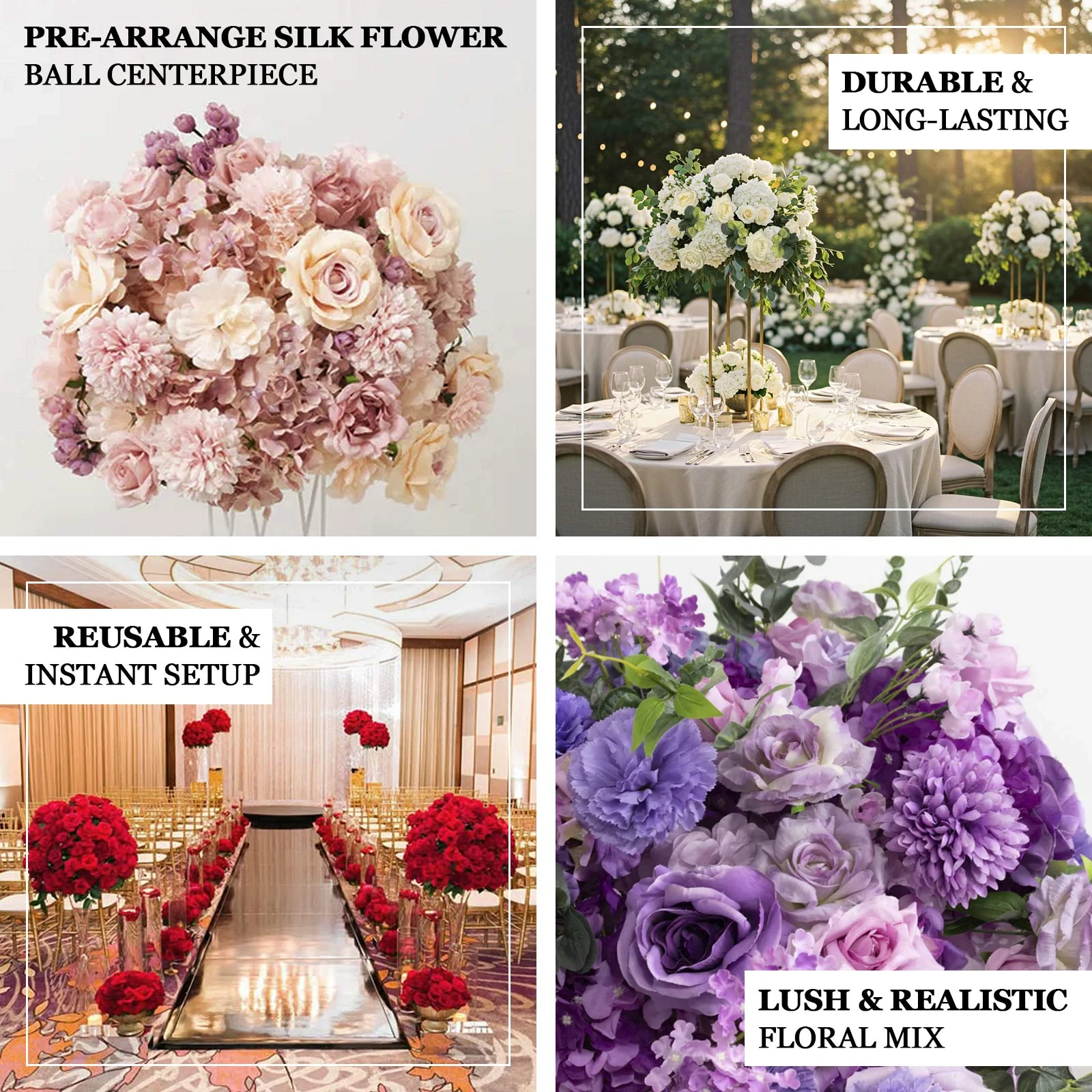 Pre-Arranged Silk Floral Centerpiece in White, 22" Artificial Rose, Hydrangea & Chrysanthemum Flower Ball Bouquet for Event, Wedding - Image 3