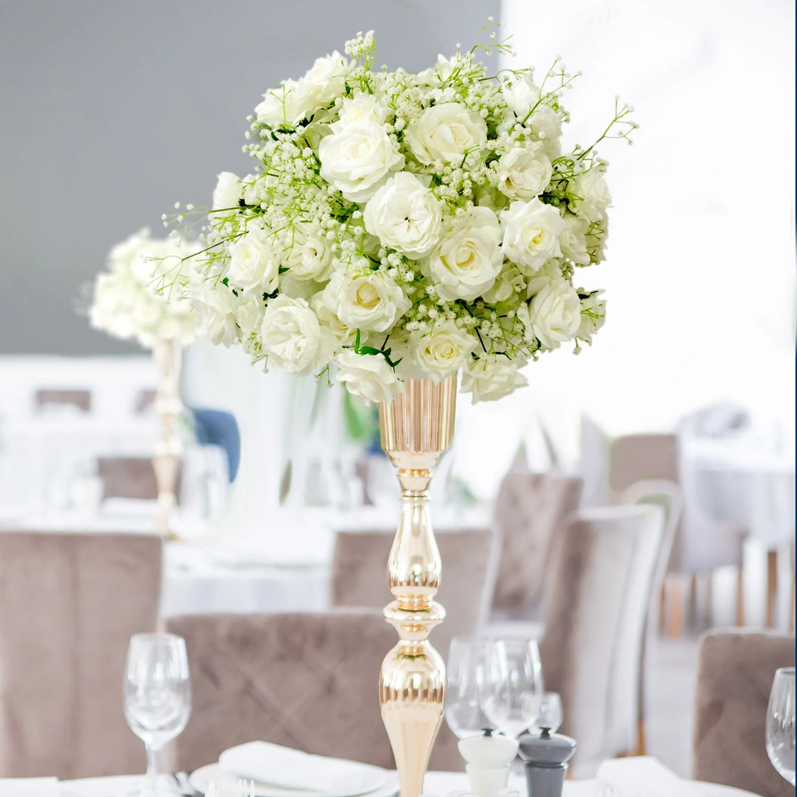 Pre-Arranged Silk Floral Centerpiece in White, 22" Artificial Rose Flower Ball Bouquet for Event, Wedding - Image 6
