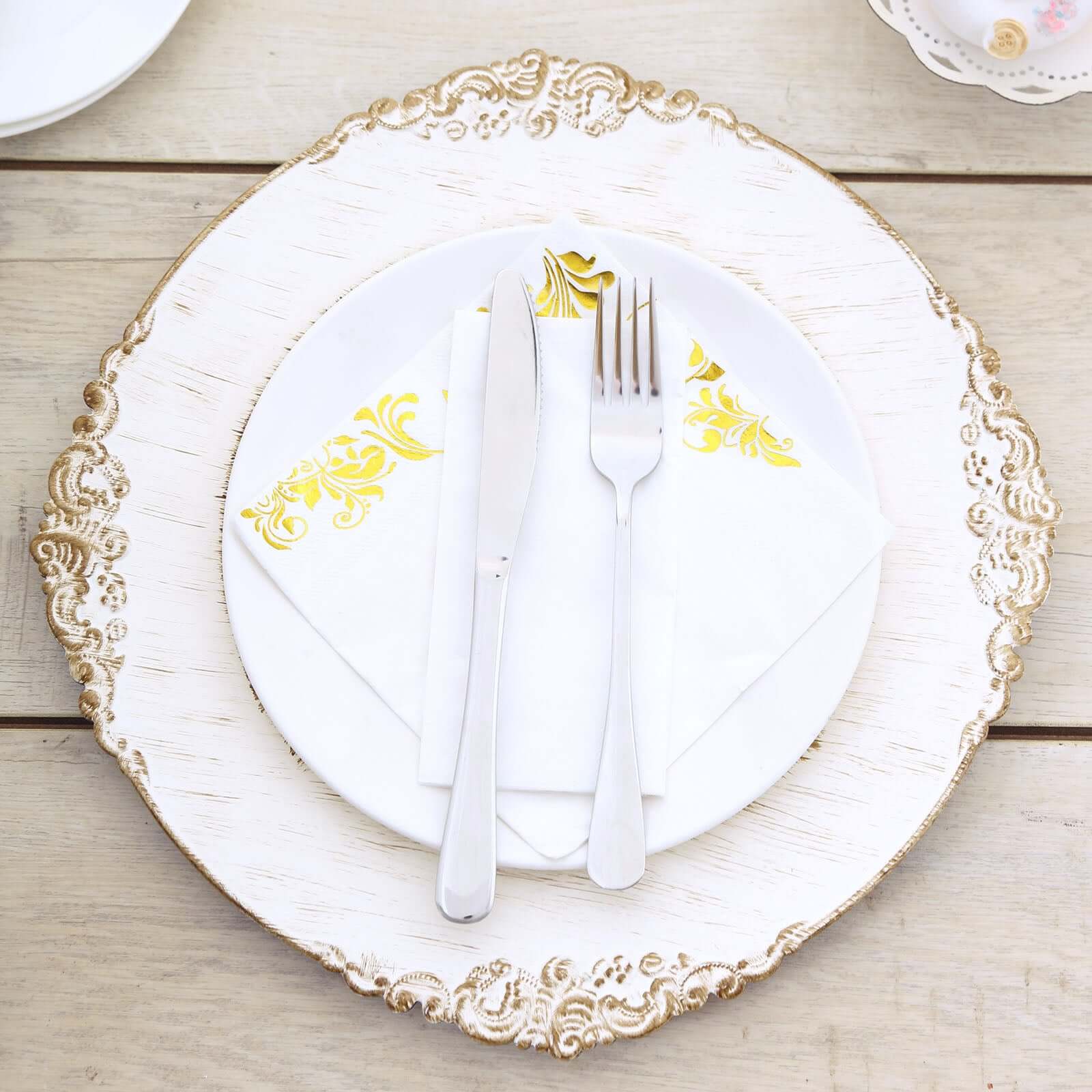 6-Pack Acrylic Charger Plates 13" Round White Washed with Gold Embossed Baroque Rim - Antique Decorative Dinner Tableware - Image 8