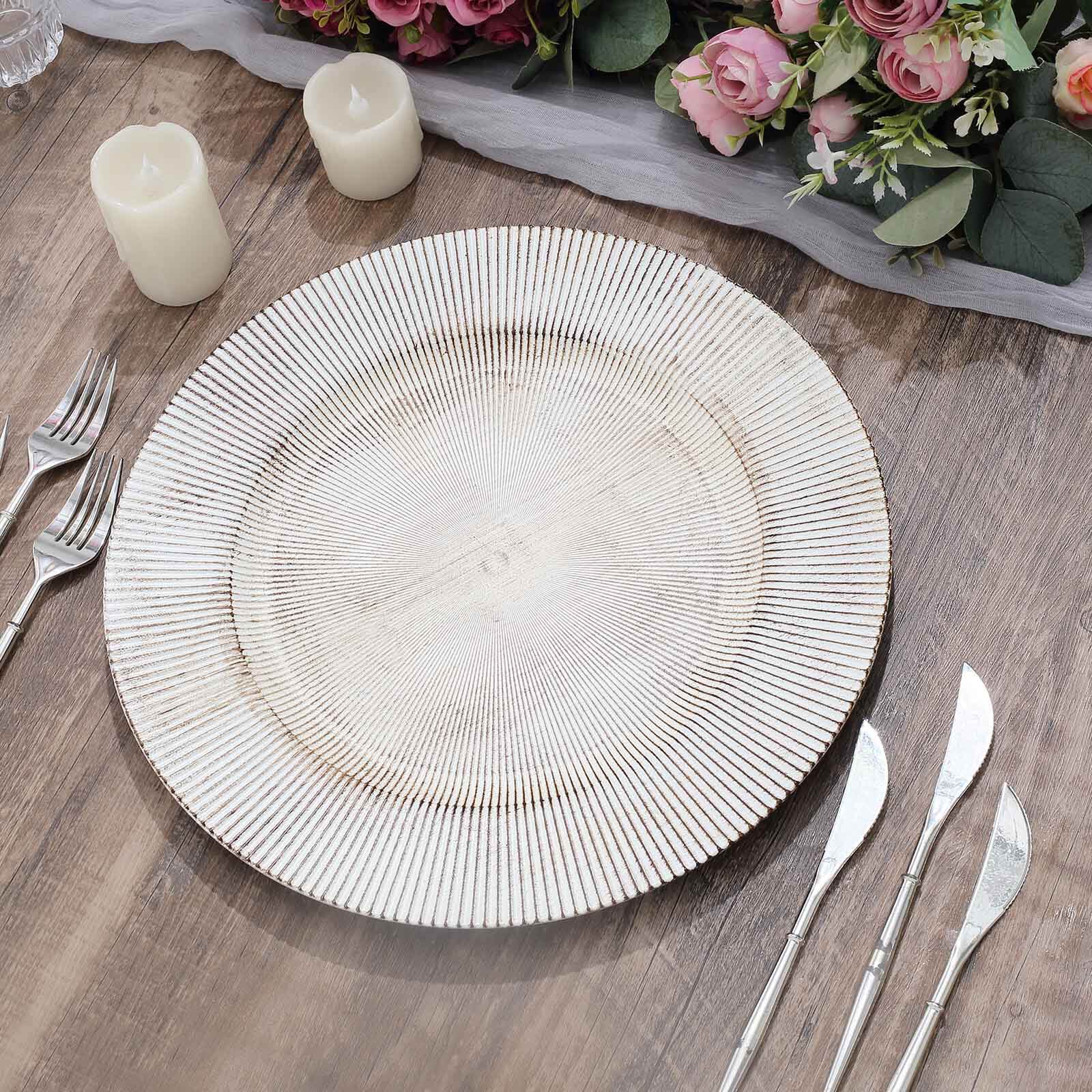 6-Pack Faux Wood Charger Plates 13" Round White Washed Embossed Sunray Pattern - Chic Plastic Decorative Chargers