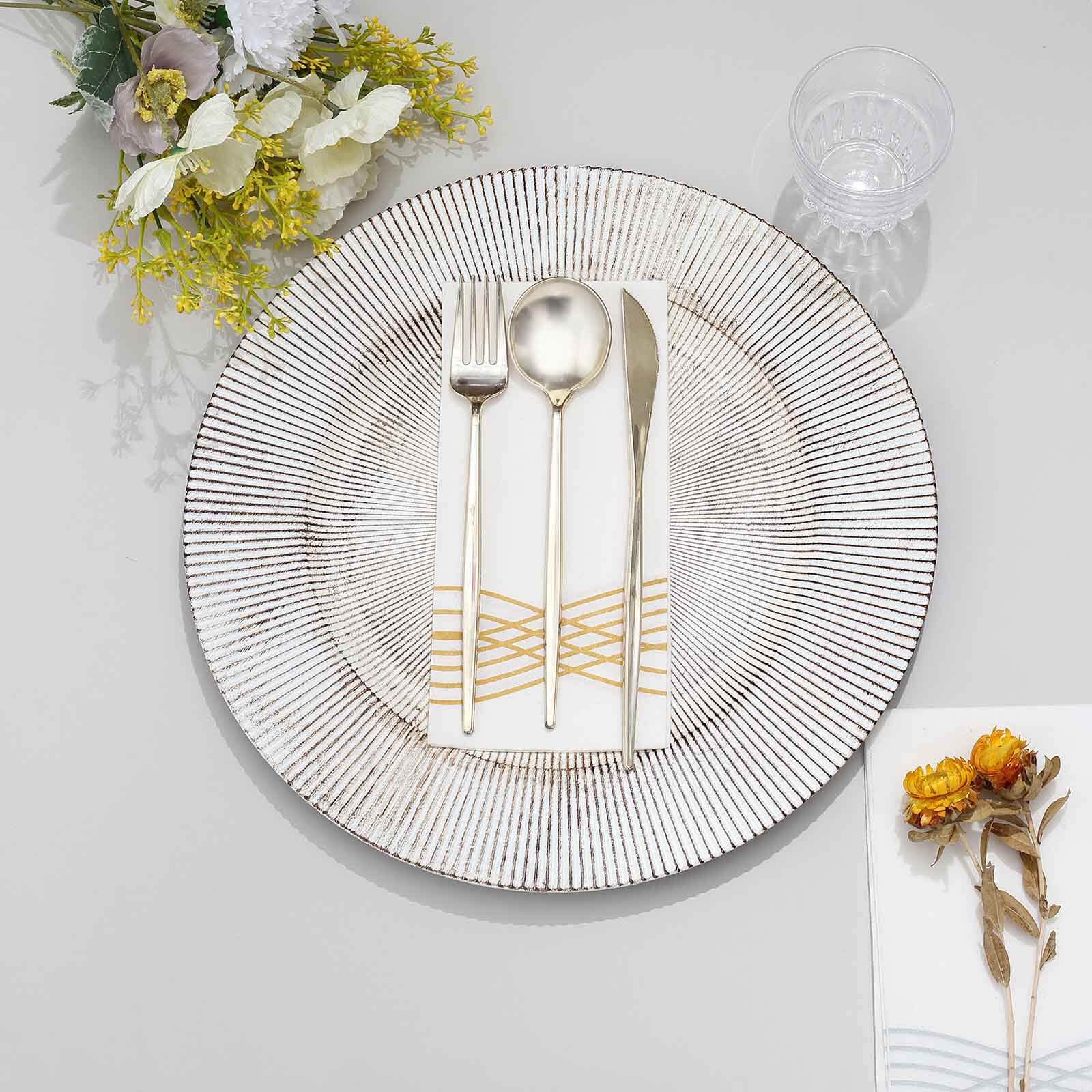 6-Pack Faux Wood Charger Plates 13" Round White Washed Embossed Sunray Pattern - Chic Plastic Decorative Chargers - Image 2
