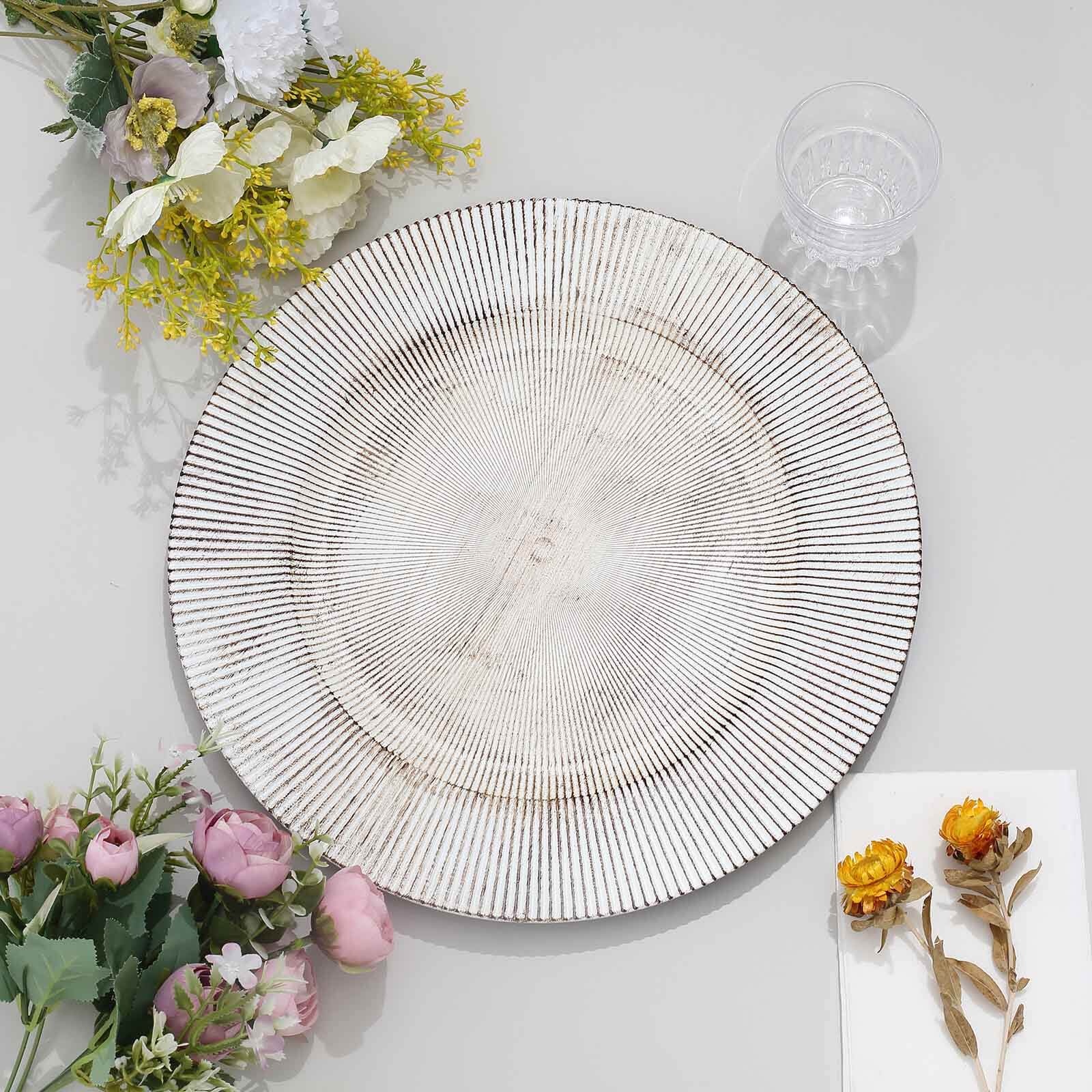 6-Pack Faux Wood Charger Plates 13" Round White Washed Embossed Sunray Pattern - Chic Plastic Decorative Chargers - Image 4