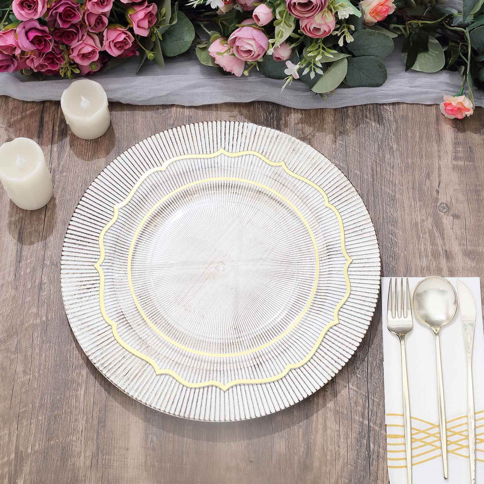 6-Pack Faux Wood Charger Plates 13" Round White Washed Embossed Sunray Pattern - Chic Plastic Decorative Chargers - Image 6