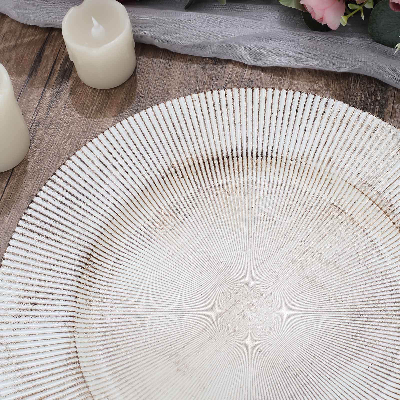 6-Pack Faux Wood Charger Plates 13" Round White Washed Embossed Sunray Pattern - Chic Plastic Decorative Chargers - Image 8