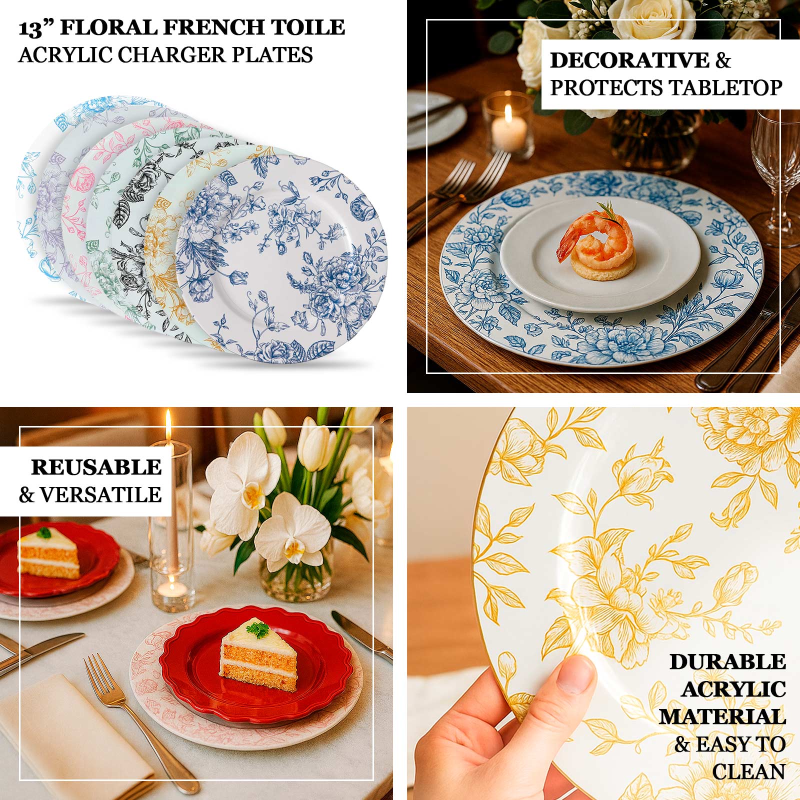 6-Pack Acrylic Charger Plates 13" Round White with Gold Floral French Toile Pattern - Decorative Dinner Party Charger Tableware - Image 3