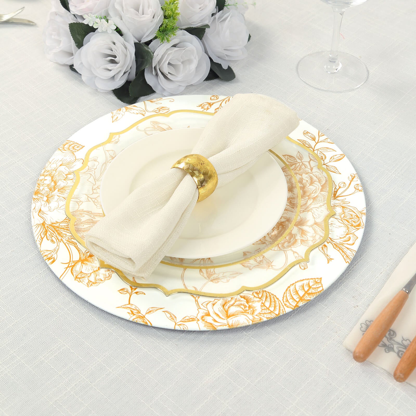 6-Pack Acrylic Charger Plates 13" Round White with Gold Floral French Toile Pattern - Decorative Dinner Party Charger Tableware - Image 7