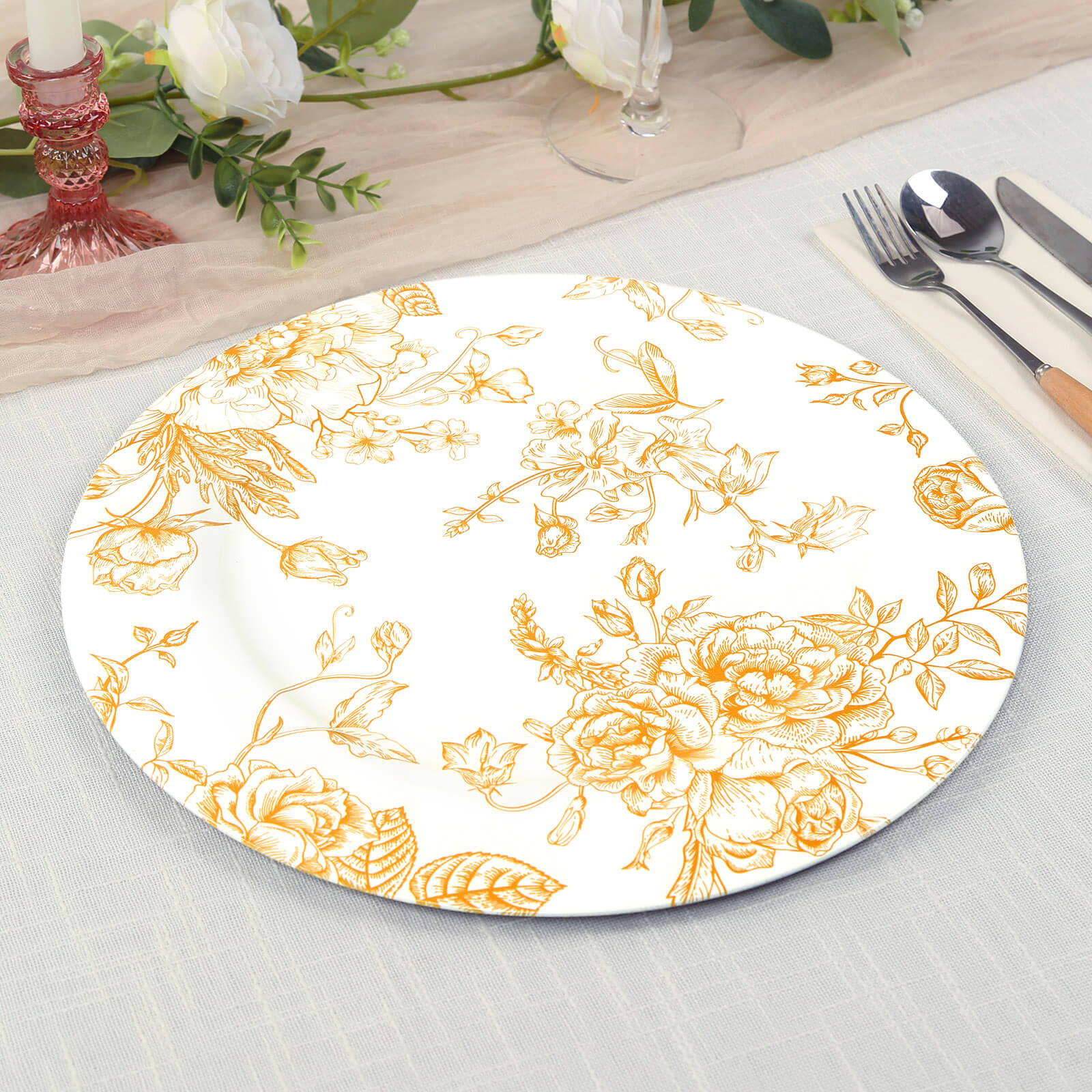 6-Pack Acrylic Charger Plates 13" Round White with Gold Floral French Toile Pattern - Decorative Dinner Party Charger Tableware - Image 8