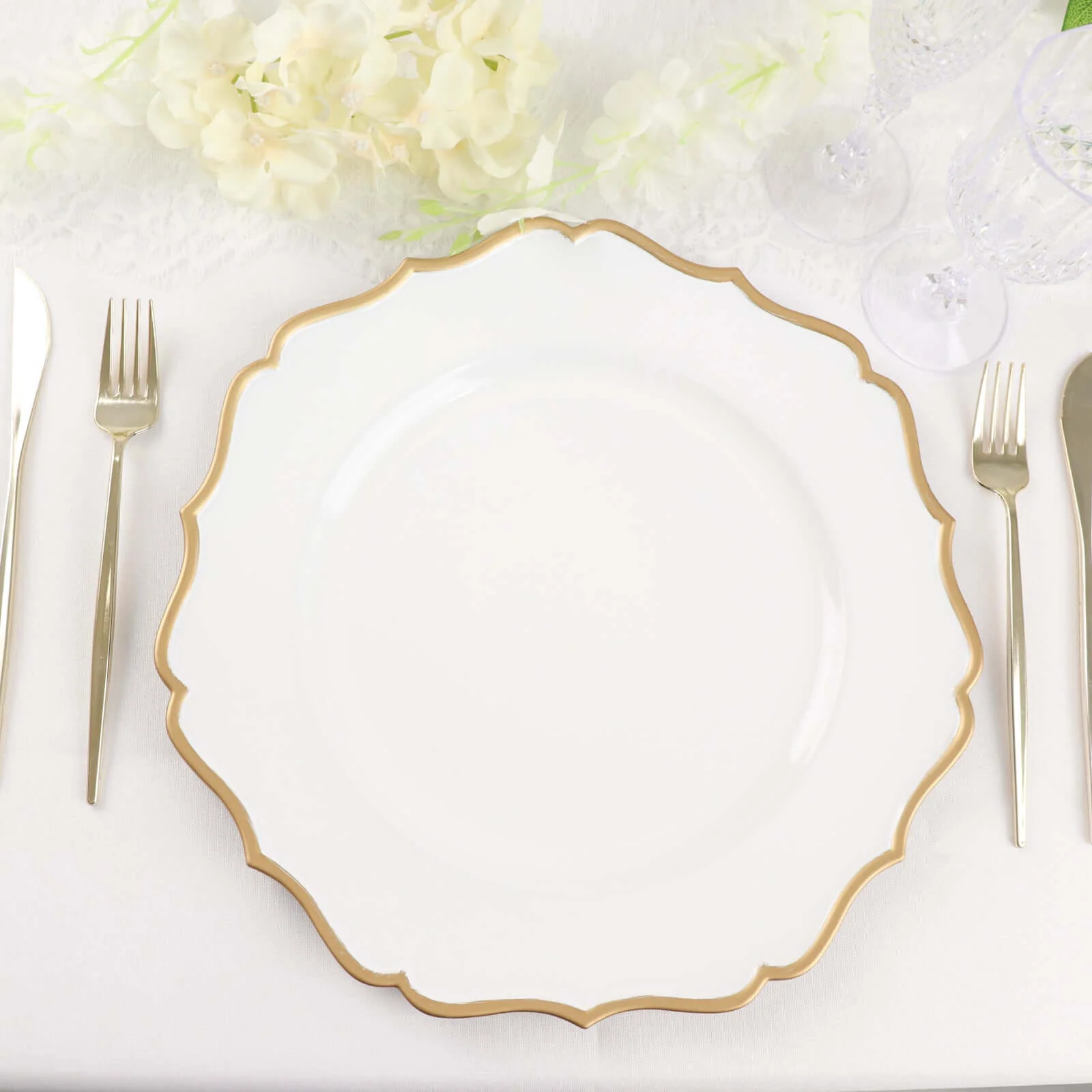 6-Pack Acrylic Charger Plates 13" Round White with Gold Scalloped Rim - Decorative Dinner Party Plastic Charger Tableware