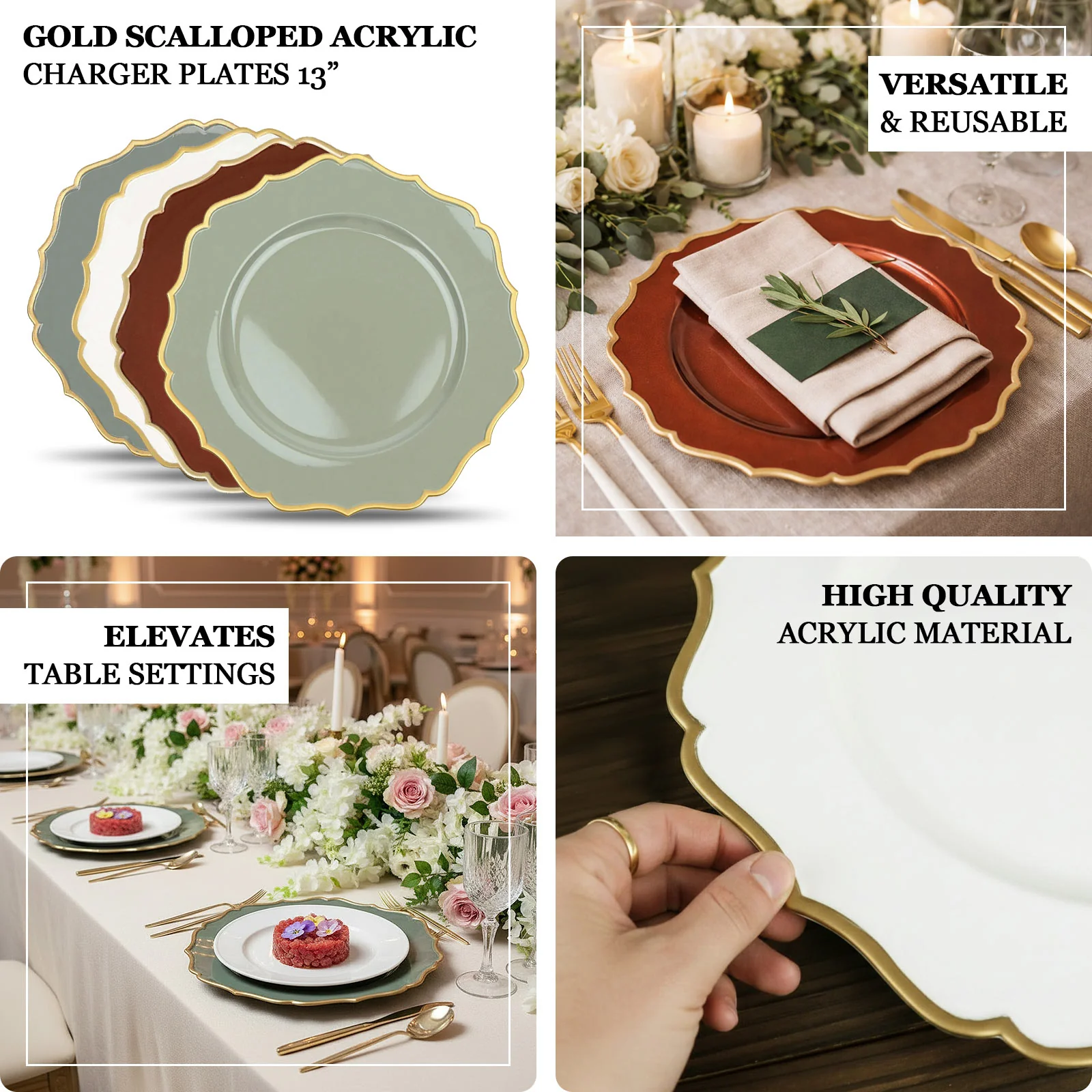 6-Pack Acrylic Charger Plates 13" Round White with Gold Scalloped Rim - Decorative Dinner Party Plastic Charger Tableware - Image 4