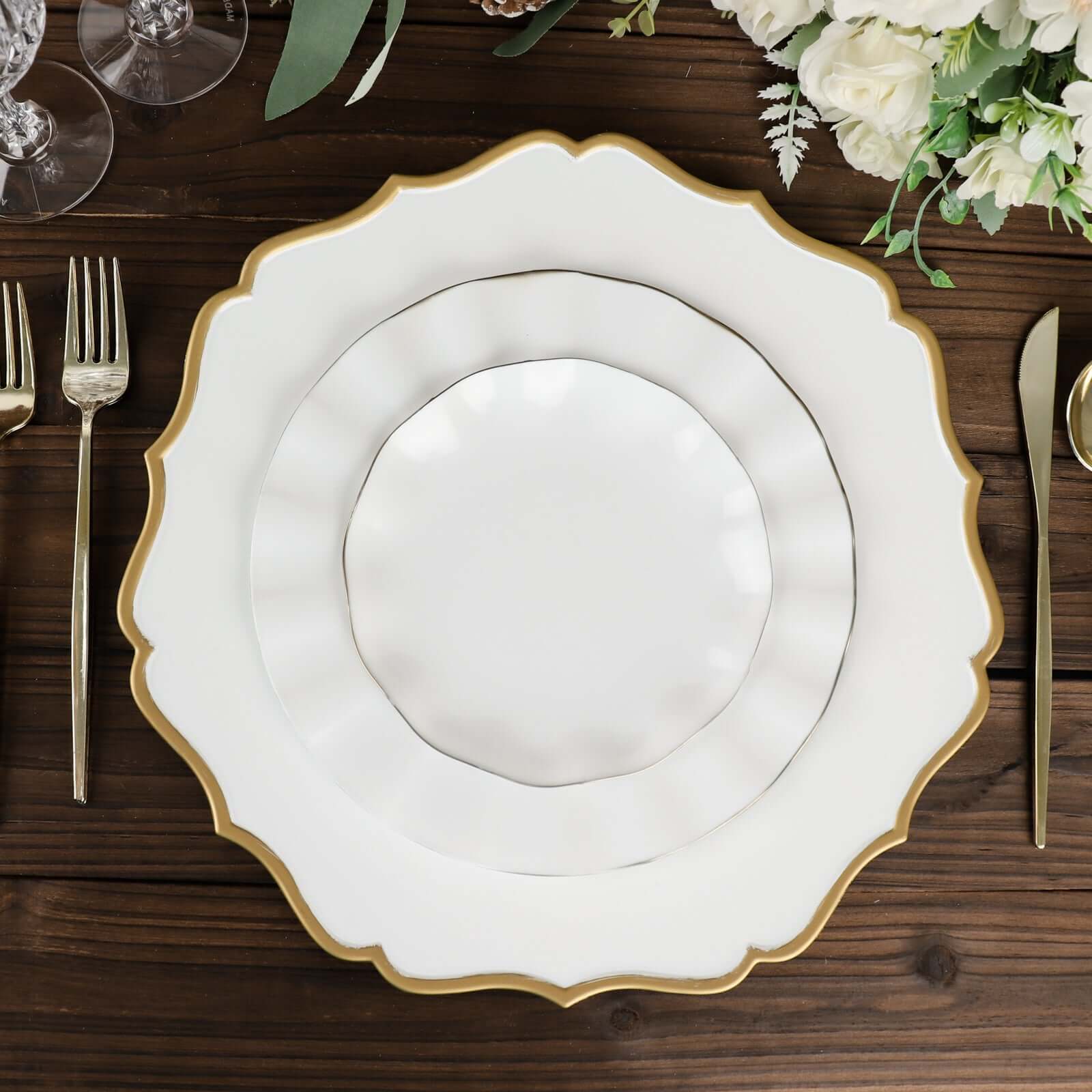 6-Pack Acrylic Charger Plates 13" Round White with Gold Scalloped Rim - Decorative Dinner Party Plastic Charger Tableware - Image 8