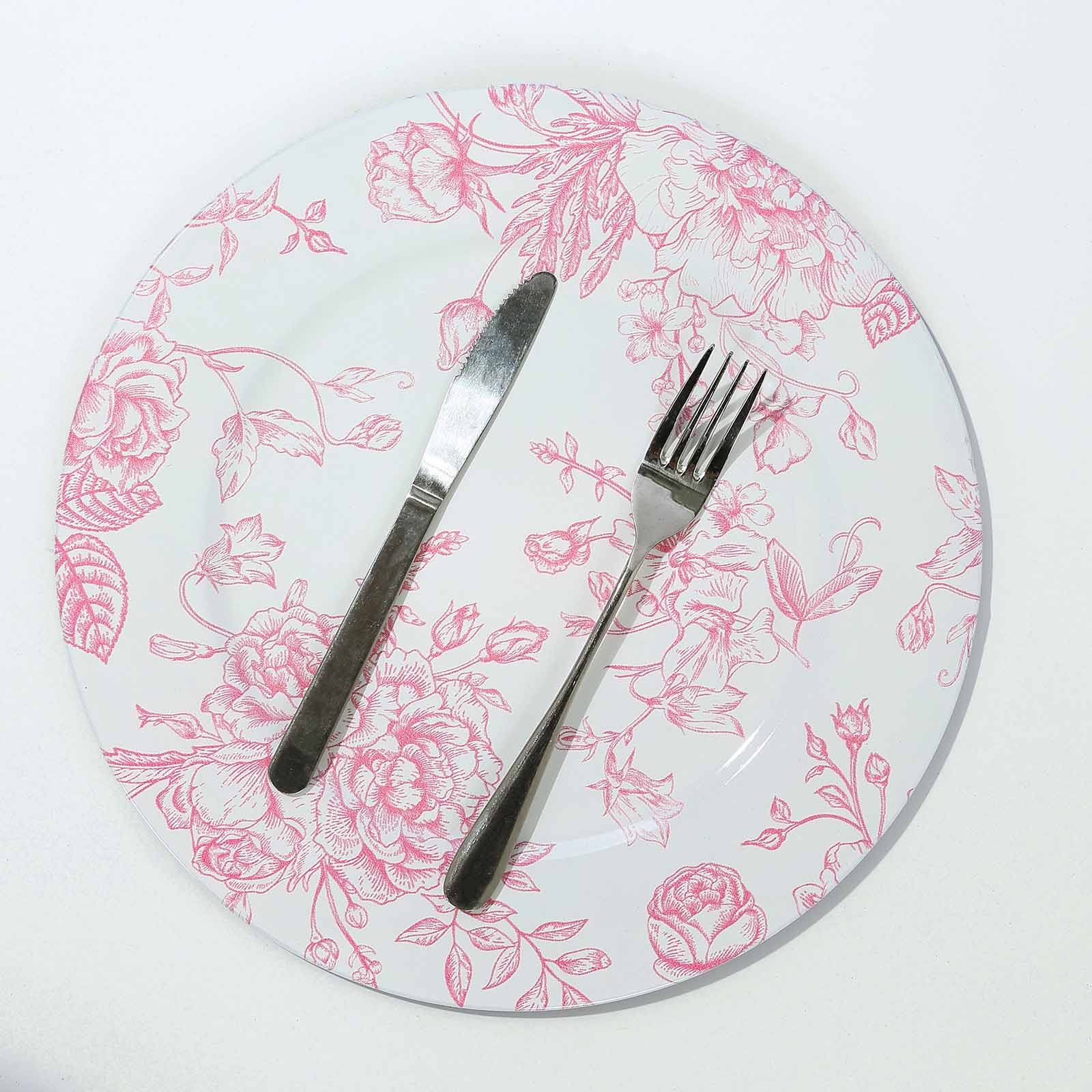 6-Pack Acrylic Charger Plates 13" Round White with Pink Floral French Toile Pattern - Decorative Dinner Party Charger Tableware - Image 2