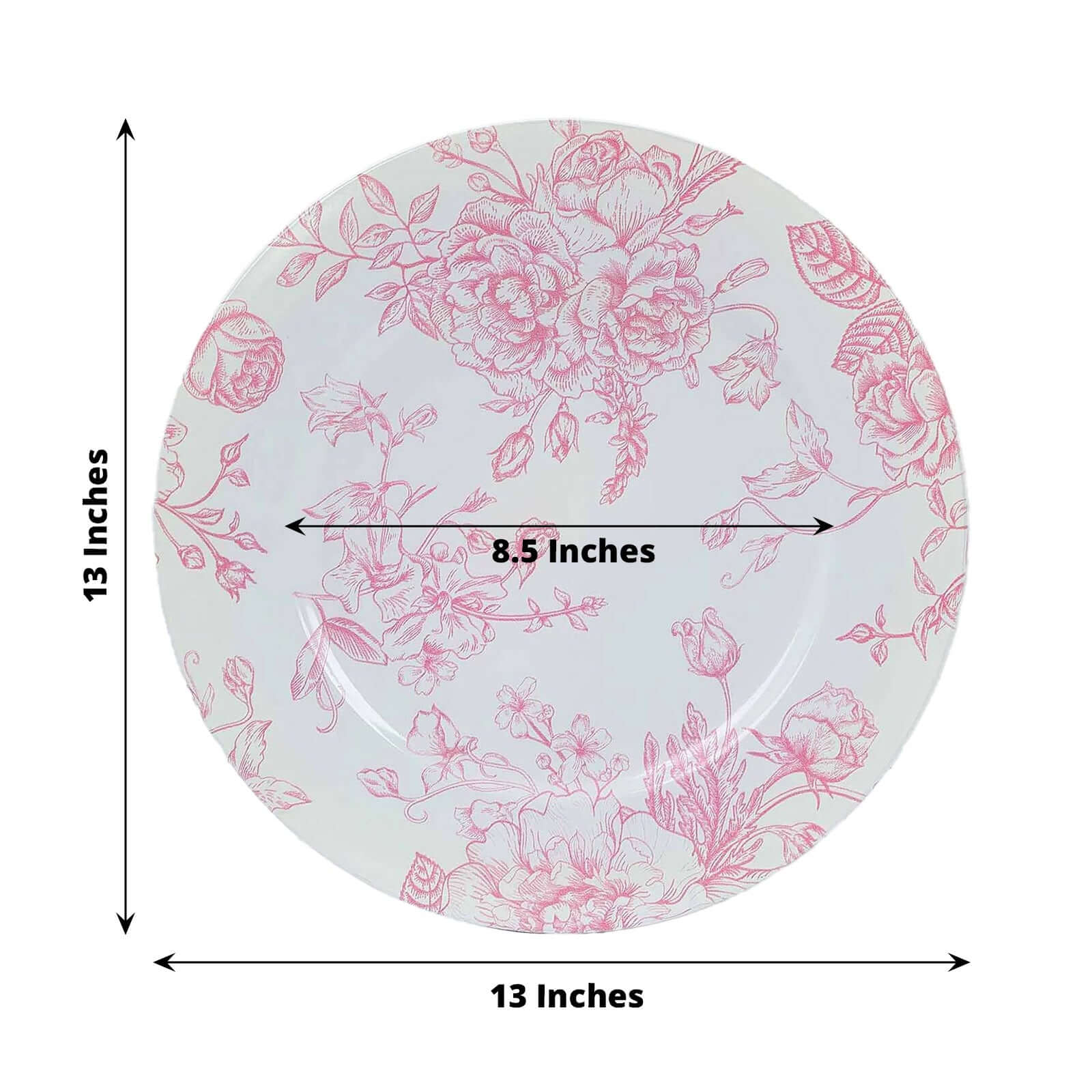 6-Pack Acrylic Charger Plates 13" Round White with Pink Floral French Toile Pattern - Decorative Dinner Party Charger Tableware - Image 3