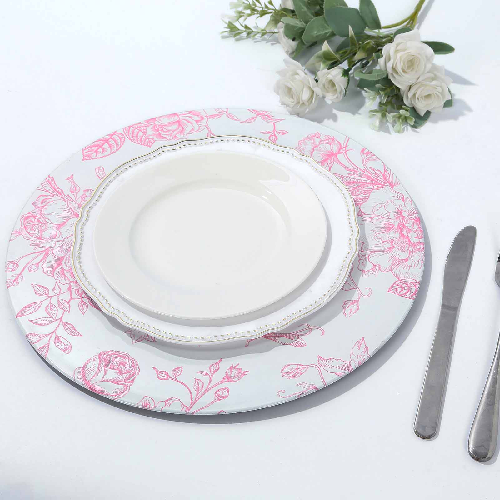 6-Pack Acrylic Charger Plates 13" Round White with Pink Floral French Toile Pattern - Decorative Dinner Party Charger Tableware - Image 7