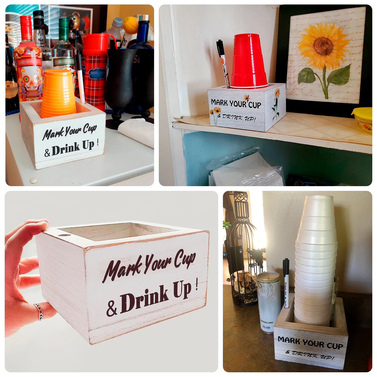 Whitewashed Wooden Solo Cup Holder 5.5" Rustic with Black Marker - Square Farmhouse Party Dispenser Box - Image 5