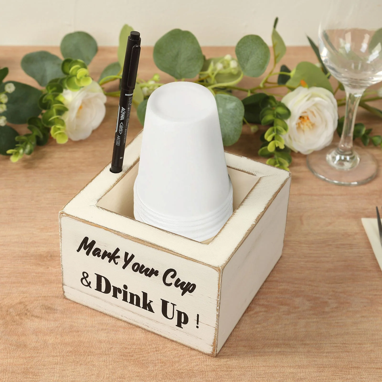 Whitewashed Wooden Solo Cup Holder 5.5" Rustic with Black Marker - Square Farmhouse Party Dispenser Box - Image 6
