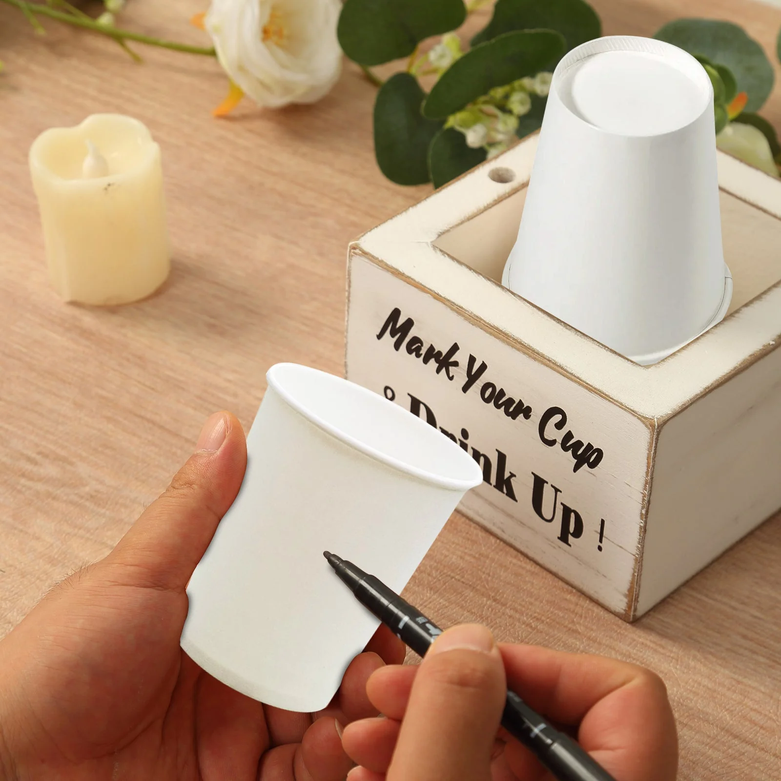 Whitewashed Wooden Solo Cup Holder 5.5" Rustic with Black Marker - Square Farmhouse Party Dispenser Box - Image 8