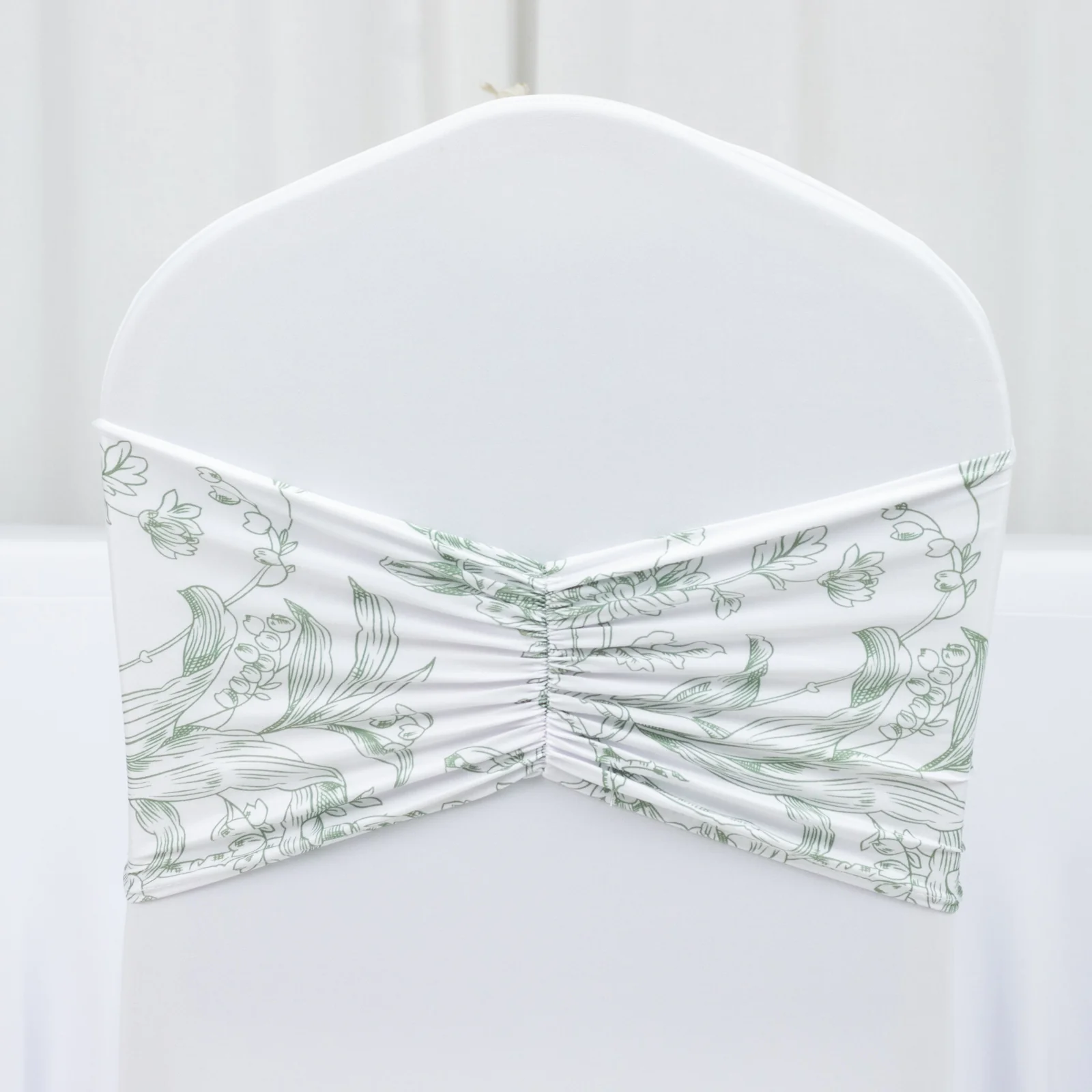 5 Pack French Toile Spandex Chair Sashes White Dusty Sage Green – 8"x13" Ruffled Stretch Chair Bands for Weddings & Events