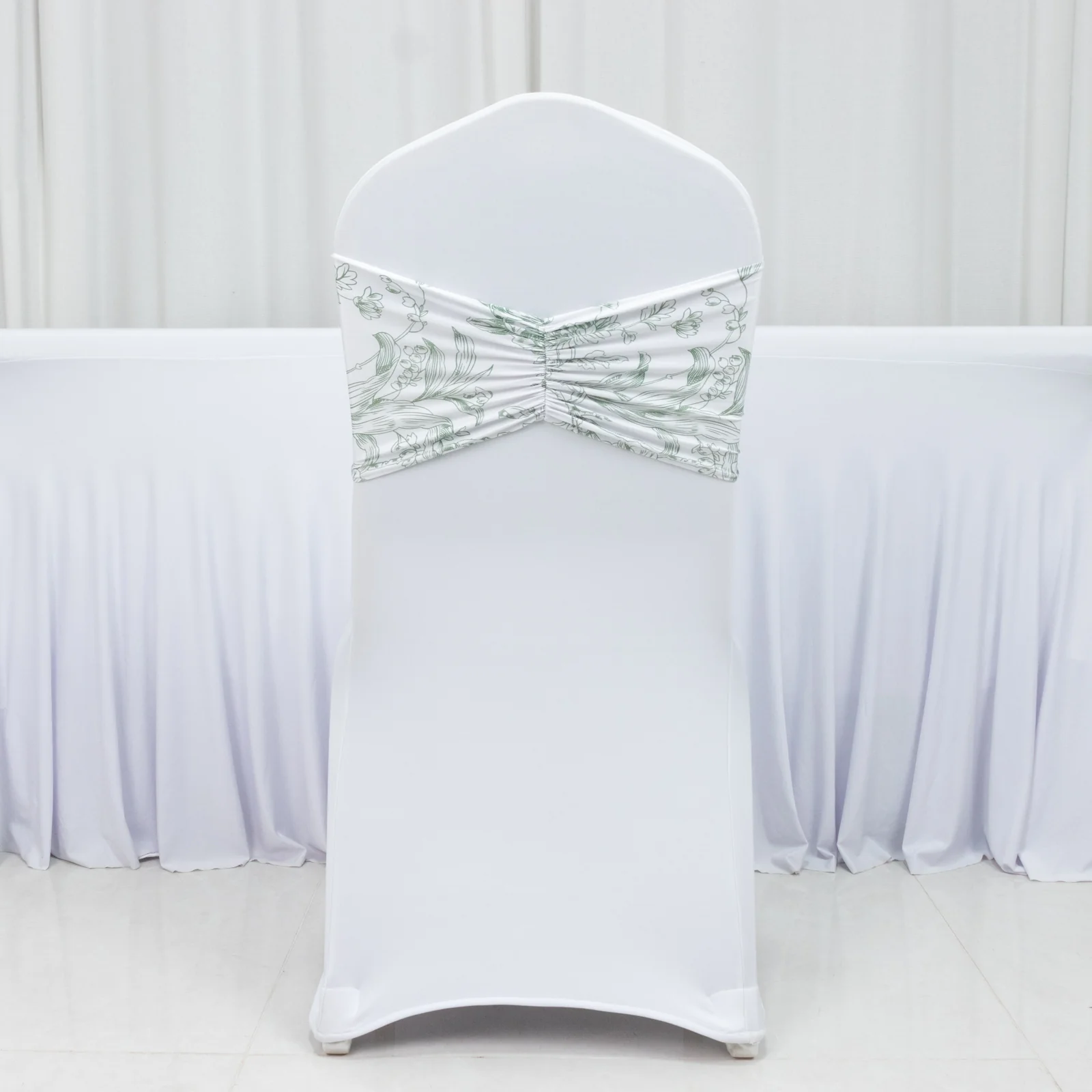 5 Pack French Toile Spandex Chair Sashes White Dusty Sage Green – 8"x13" Ruffled Stretch Chair Bands for Weddings & Events - Image 2