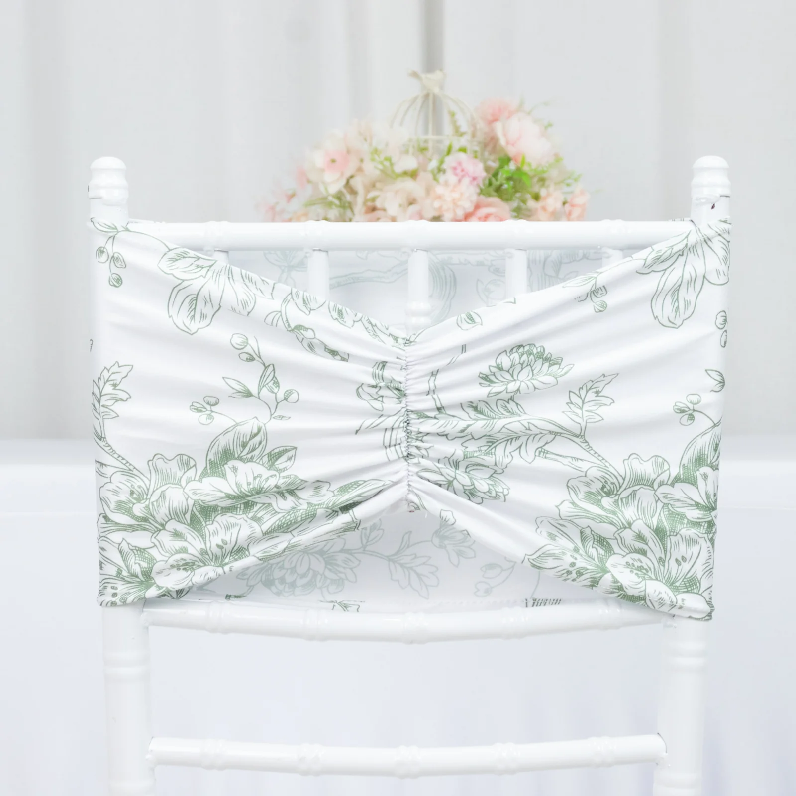 5 Pack French Toile Spandex Chair Sashes White Dusty Sage Green – 8"x13" Ruffled Stretch Chair Bands for Weddings & Events - Image 3