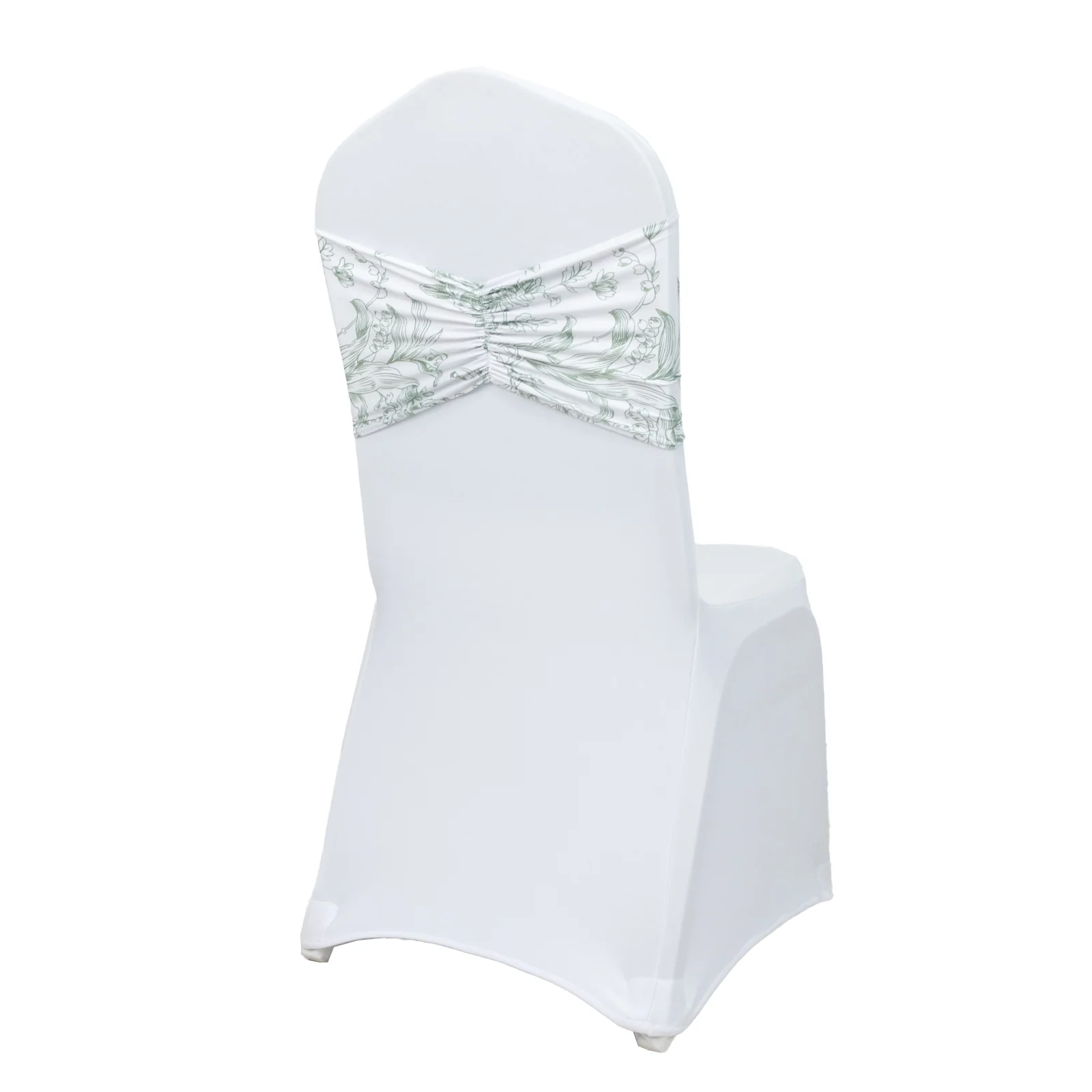 5 Pack French Toile Spandex Chair Sashes White Dusty Sage Green – 8"x13" Ruffled Stretch Chair Bands for Weddings & Events - Image 6