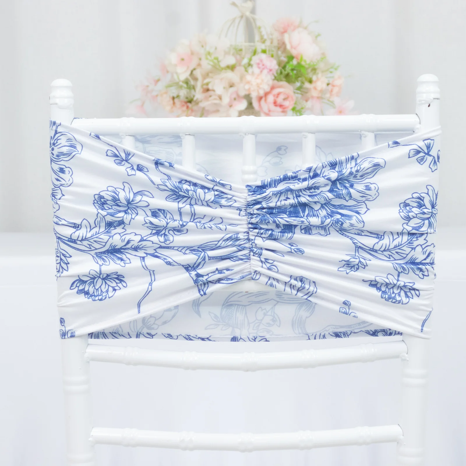 5 Pack French Toile Spandex Chair Sashes White Blue – 8"x13" Ruffled Stretch Chair Bands for Weddings & Events - Image 3