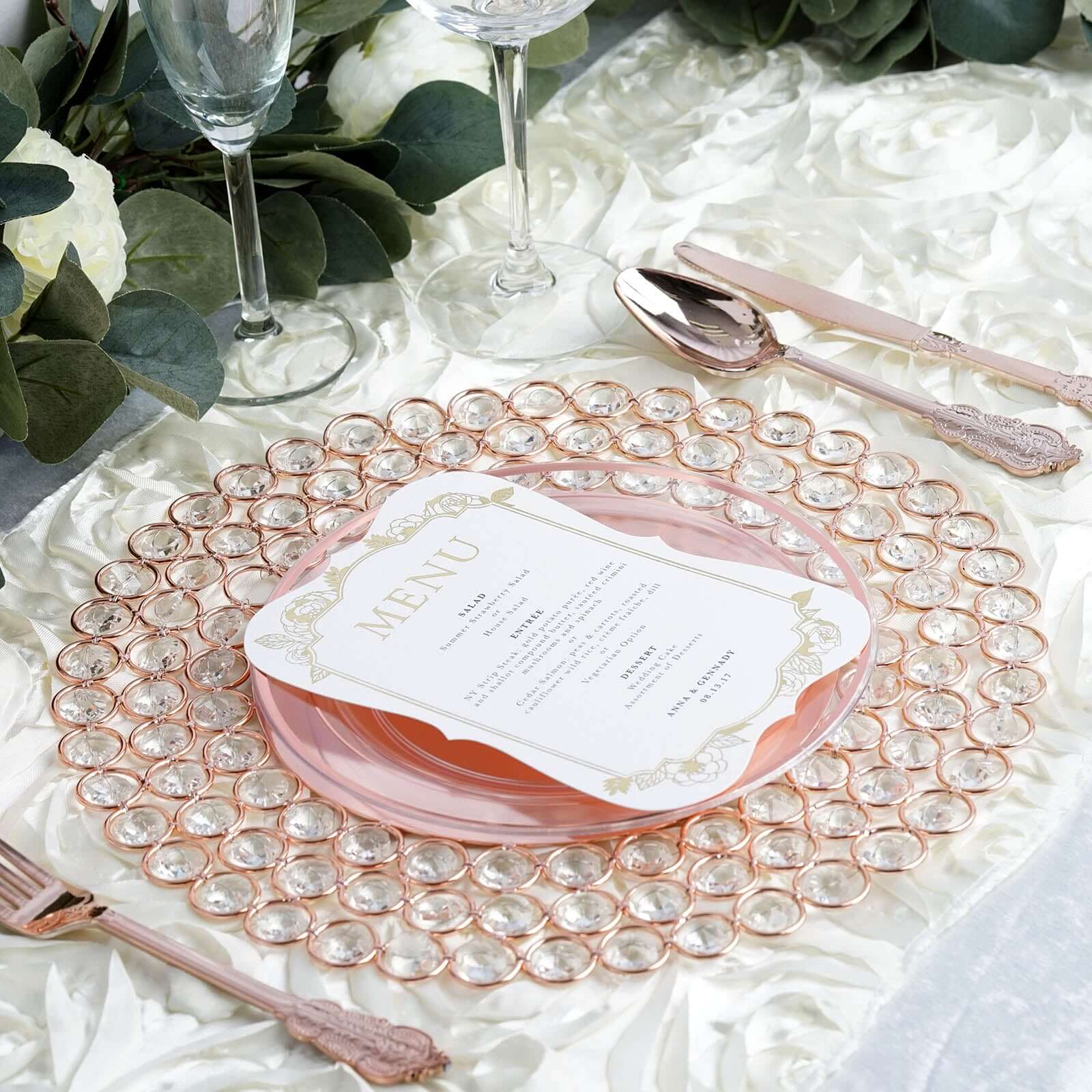 Wired Metal Charger Plate 14" Round Rose Gold with Acrylic Crystal Beads - Decorative Dinner Charger Tableware - Image 2