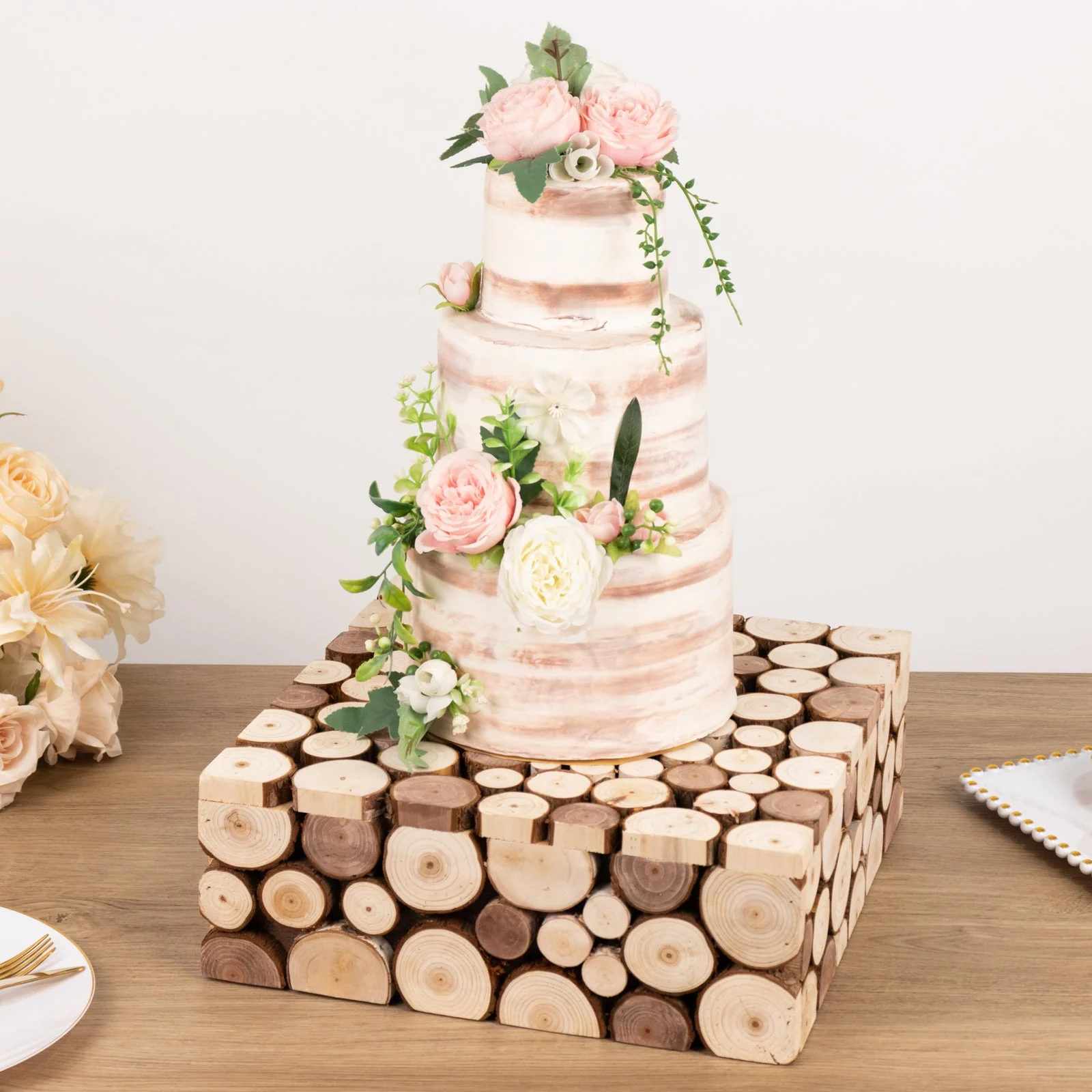 Wooden Cake Stand Square Design 14"x14" Natural Rustic Slices - Farmhouse Display Riser with Hollow Bottom - Image 13