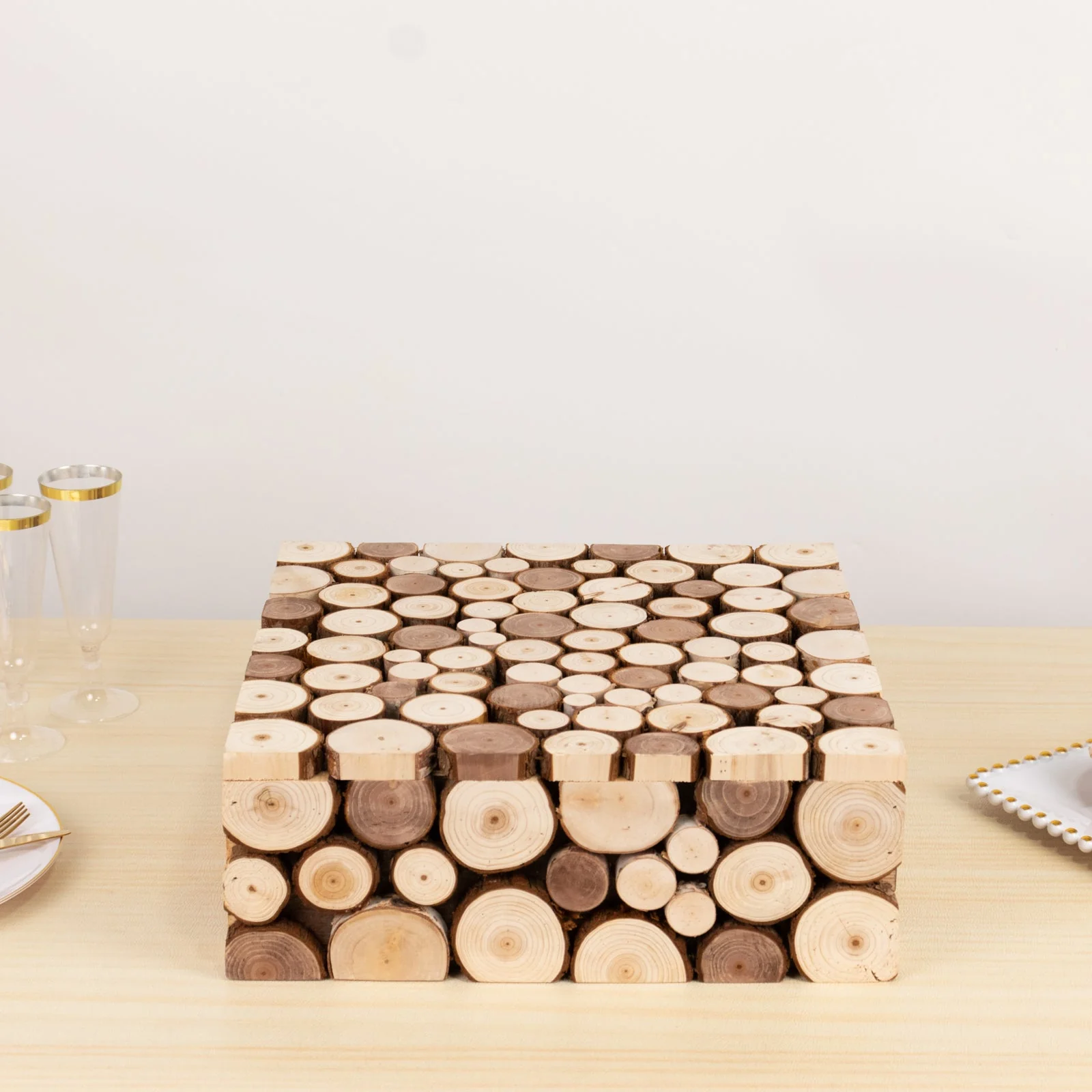 Wooden Cake Stand Square Design 14"x14" Natural Rustic Slices - Farmhouse Display Riser with Hollow Bottom - Image 7