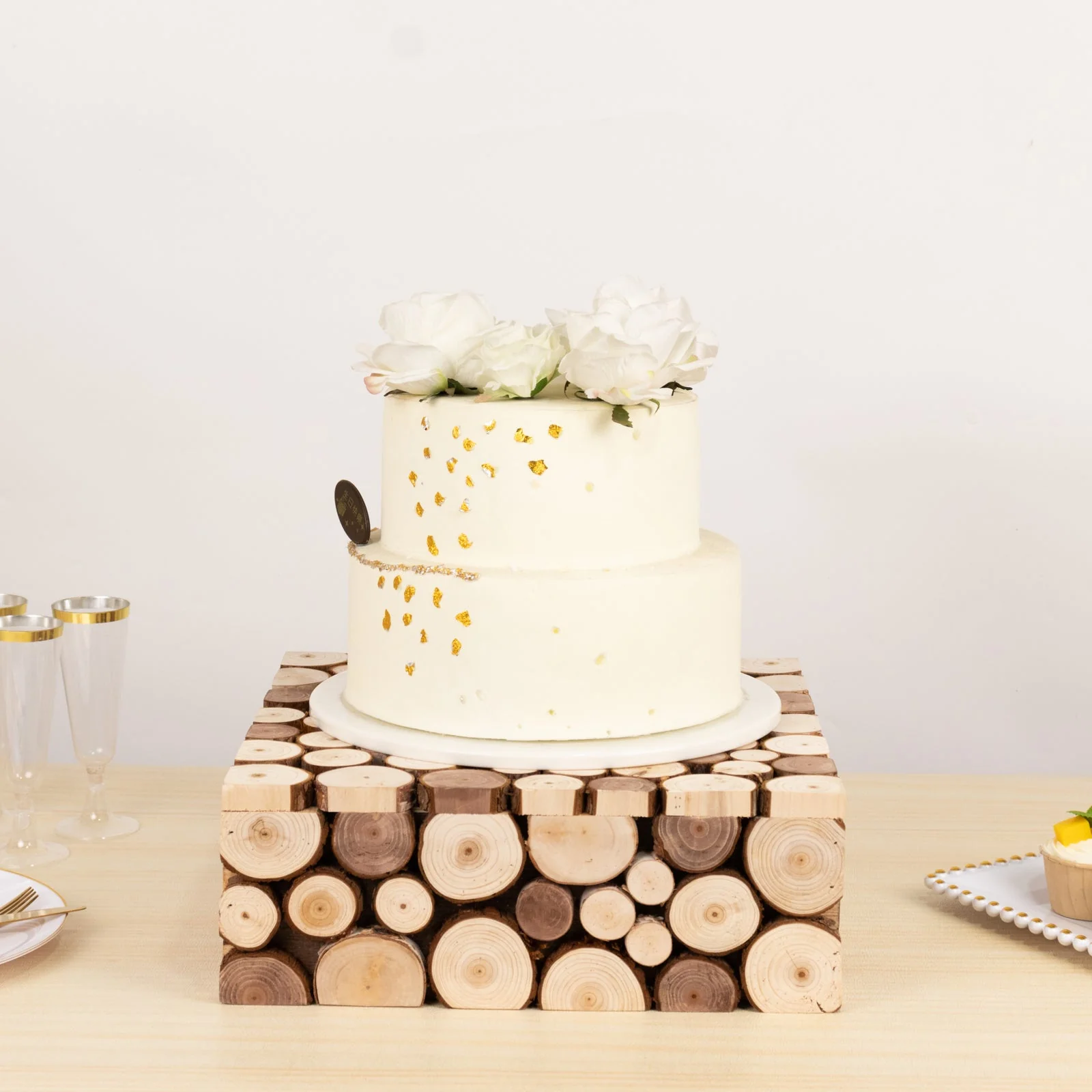 Wooden Cake Stand Square Design 14"x14" Natural Rustic Slices - Farmhouse Display Riser with Hollow Bottom - Image 8