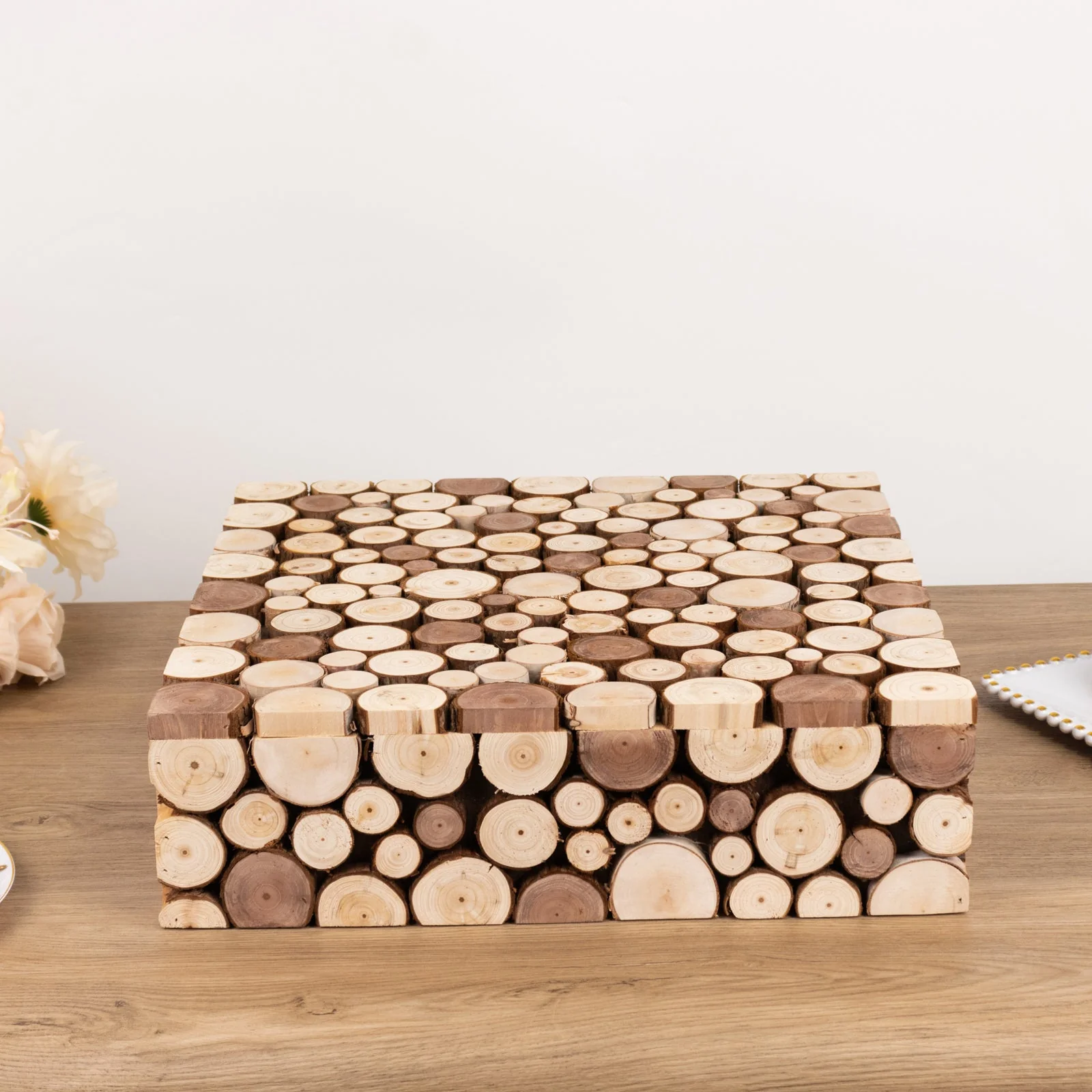 Wooden Cake Stand Square Design 18"x18" Natural Rustic Slices - Farmhouse Display Riser with Hollow Bottom - Image 10