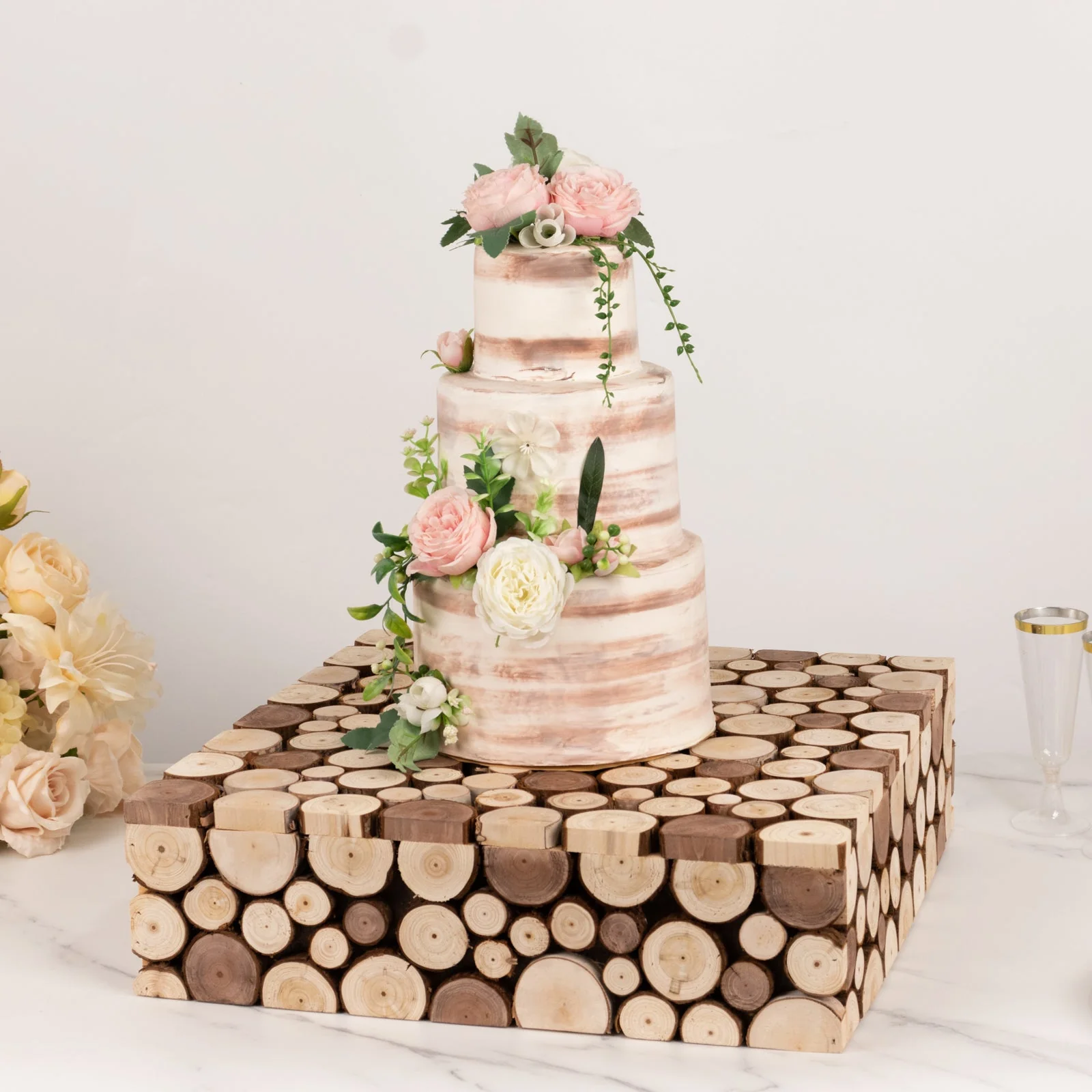 Wooden Cake Stand Square Design 18"x18" Natural Rustic Slices - Farmhouse Display Riser with Hollow Bottom - Image 4