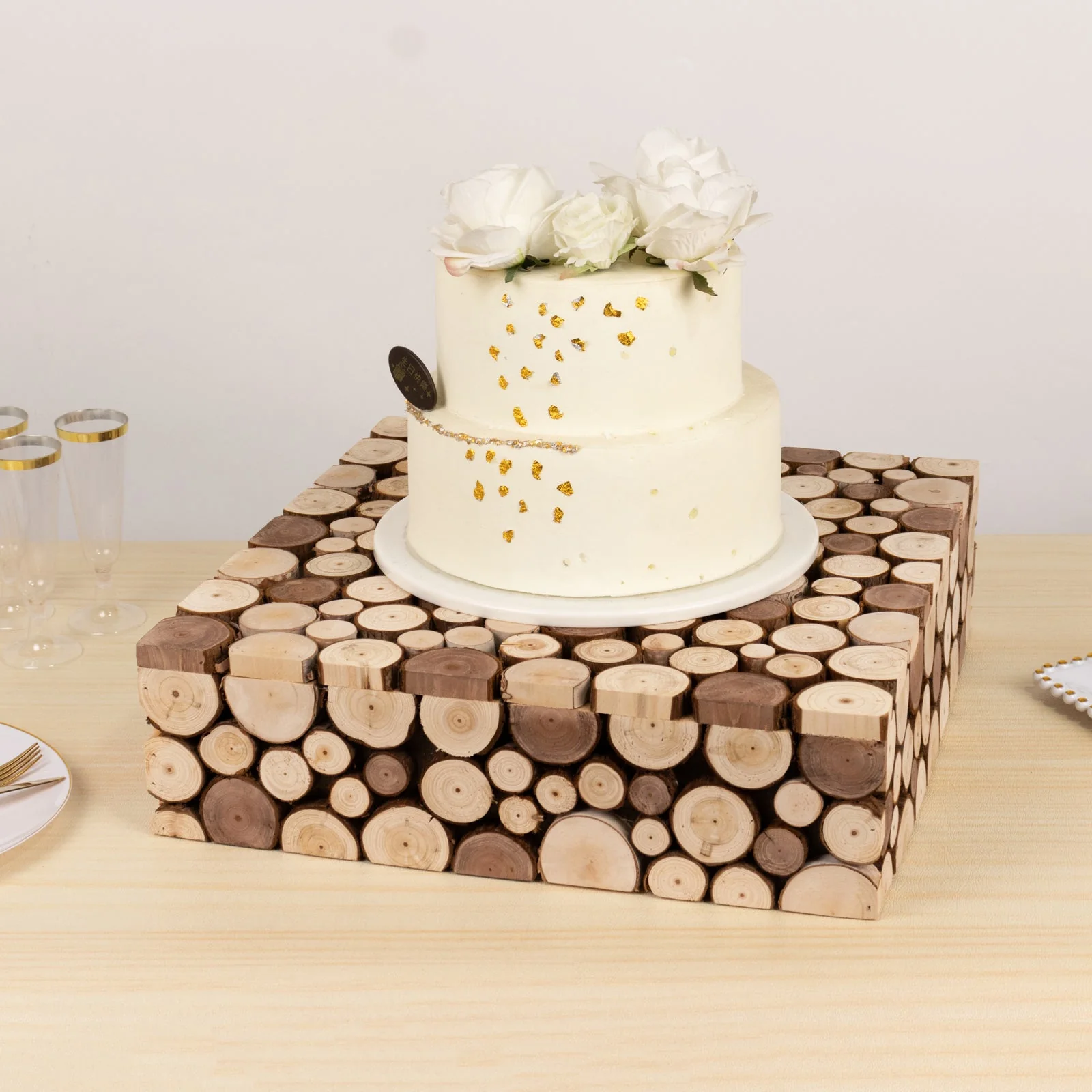 Wooden Cake Stand Square Design 18"x18" Natural Rustic Slices - Farmhouse Display Riser with Hollow Bottom - Image 8
