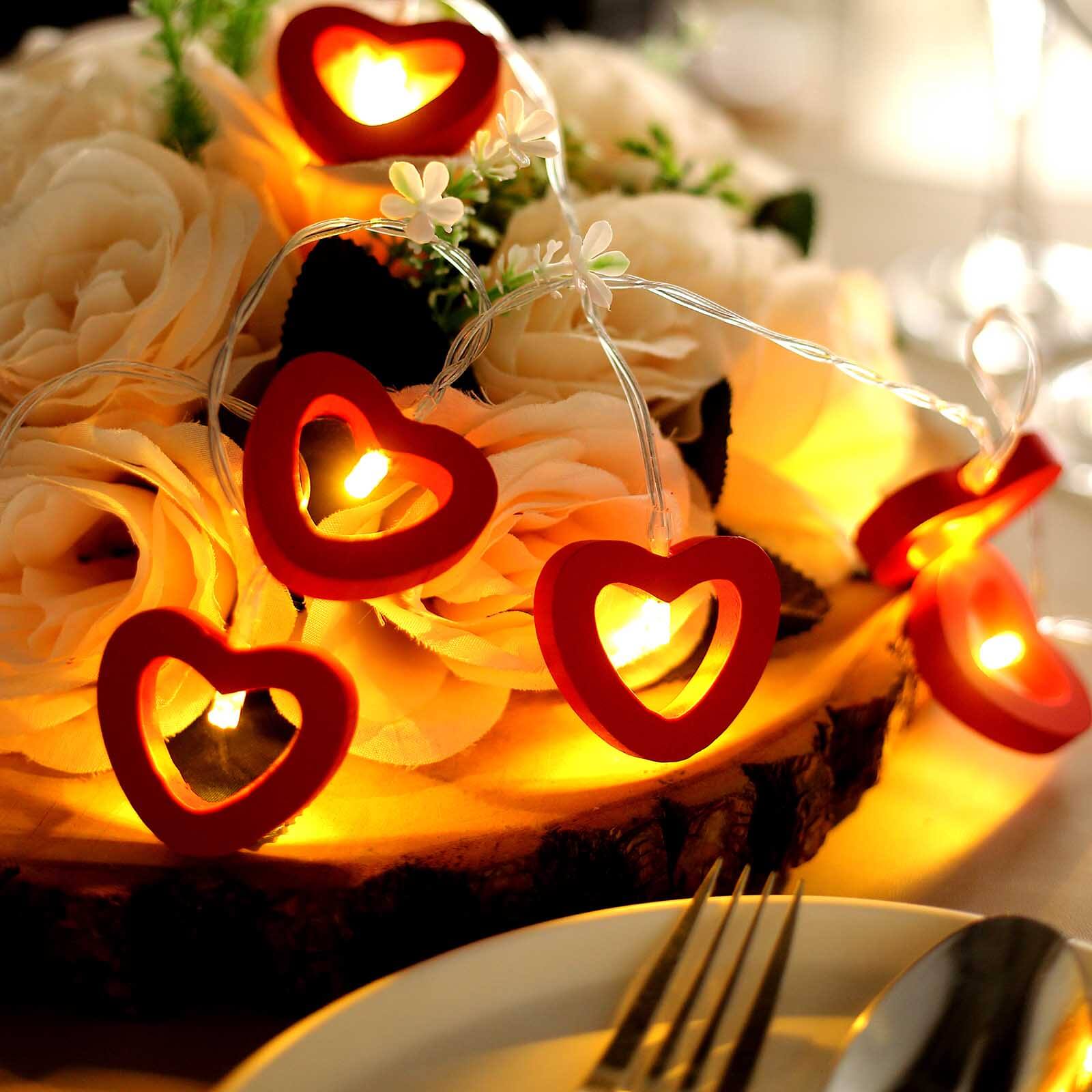 Wooden Heart LED String Lights 5ft Red Warm White - Battery Operated Hanging Decorative Fairy Lights - Image 3