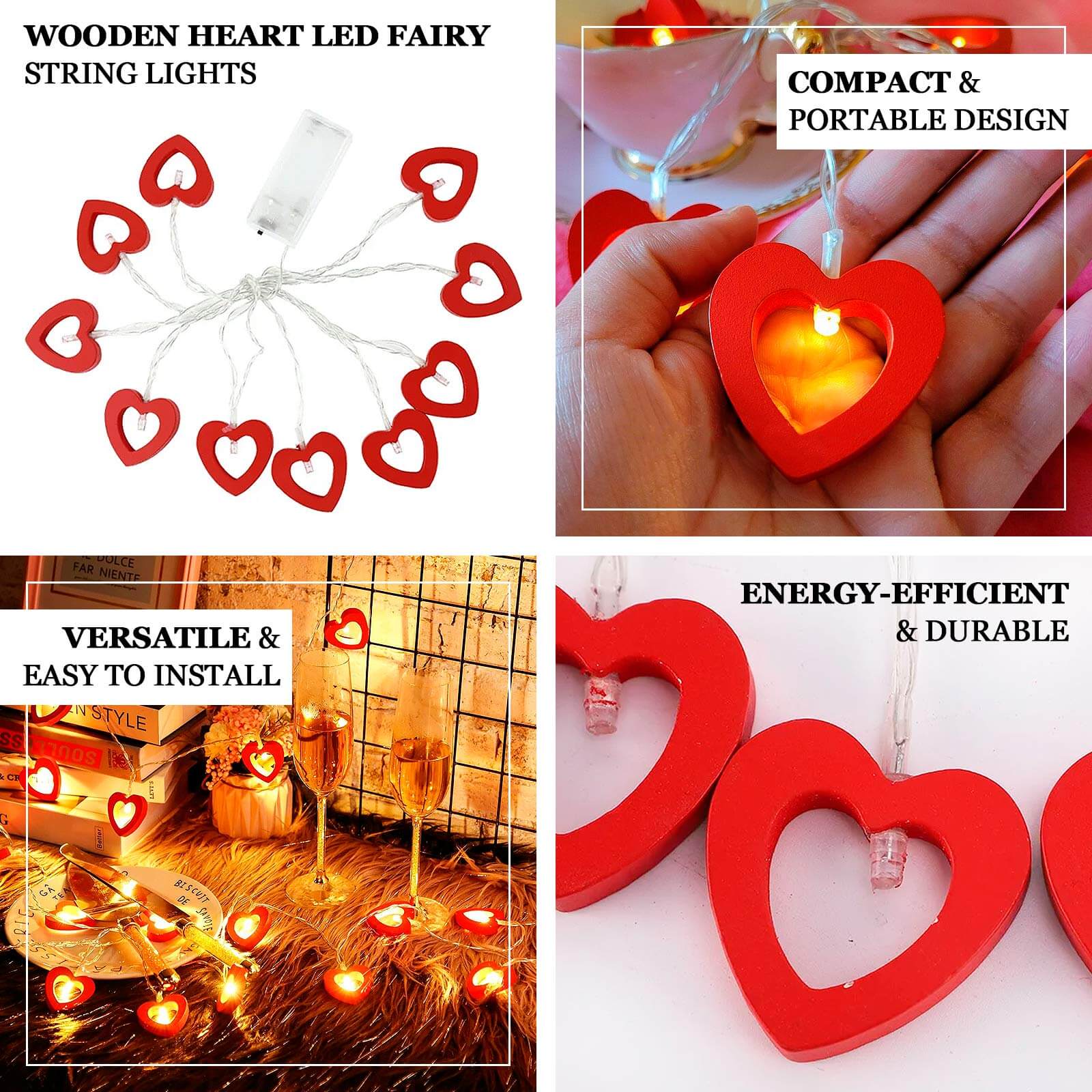 Wooden Heart LED String Lights 5ft Red Warm White - Battery Operated Hanging Decorative Fairy Lights - Image 4