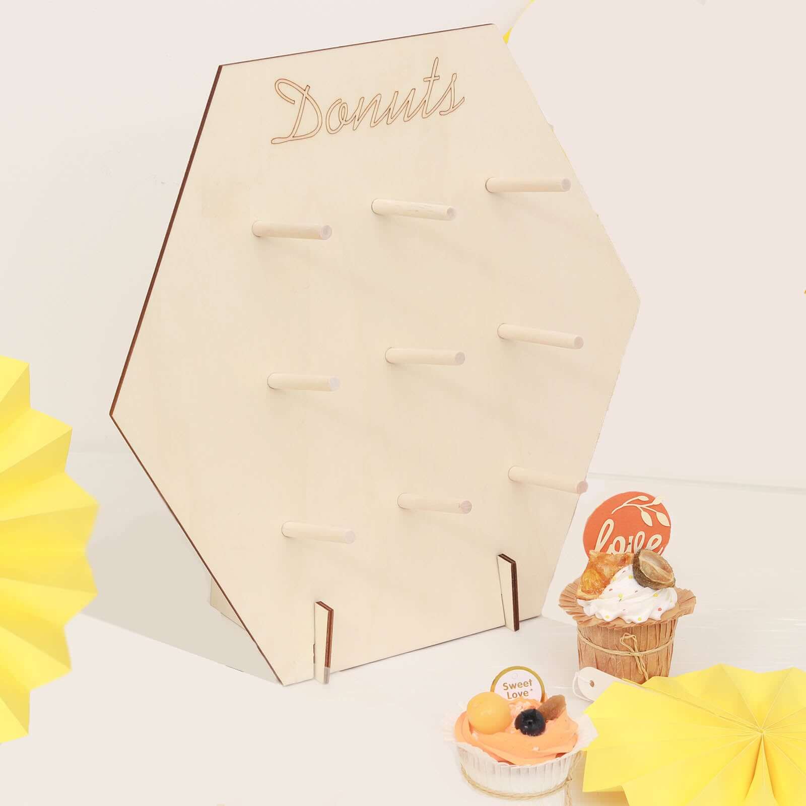 Wooden Hexagon Donut Wall Display Stand 13" - Detachable Space Saving Doughnut Pegboard Dessert Holder for Rustic Boho Vintage-Inspired Events - Image 11