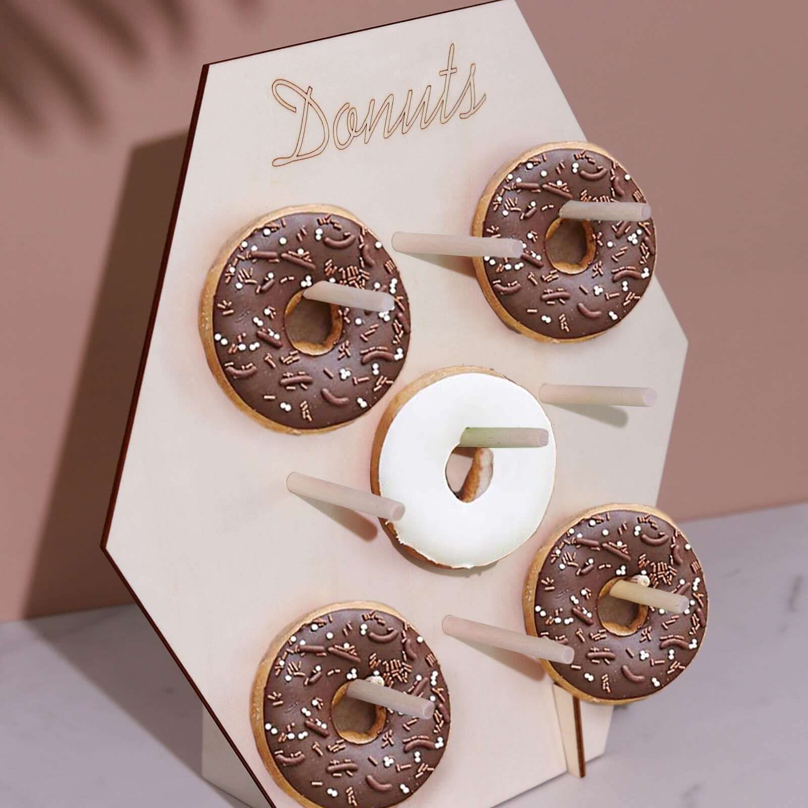 Wooden Hexagon Donut Wall Display Stand 13" - Detachable Space Saving Doughnut Pegboard Dessert Holder for Rustic Boho Vintage-Inspired Events - Image 12