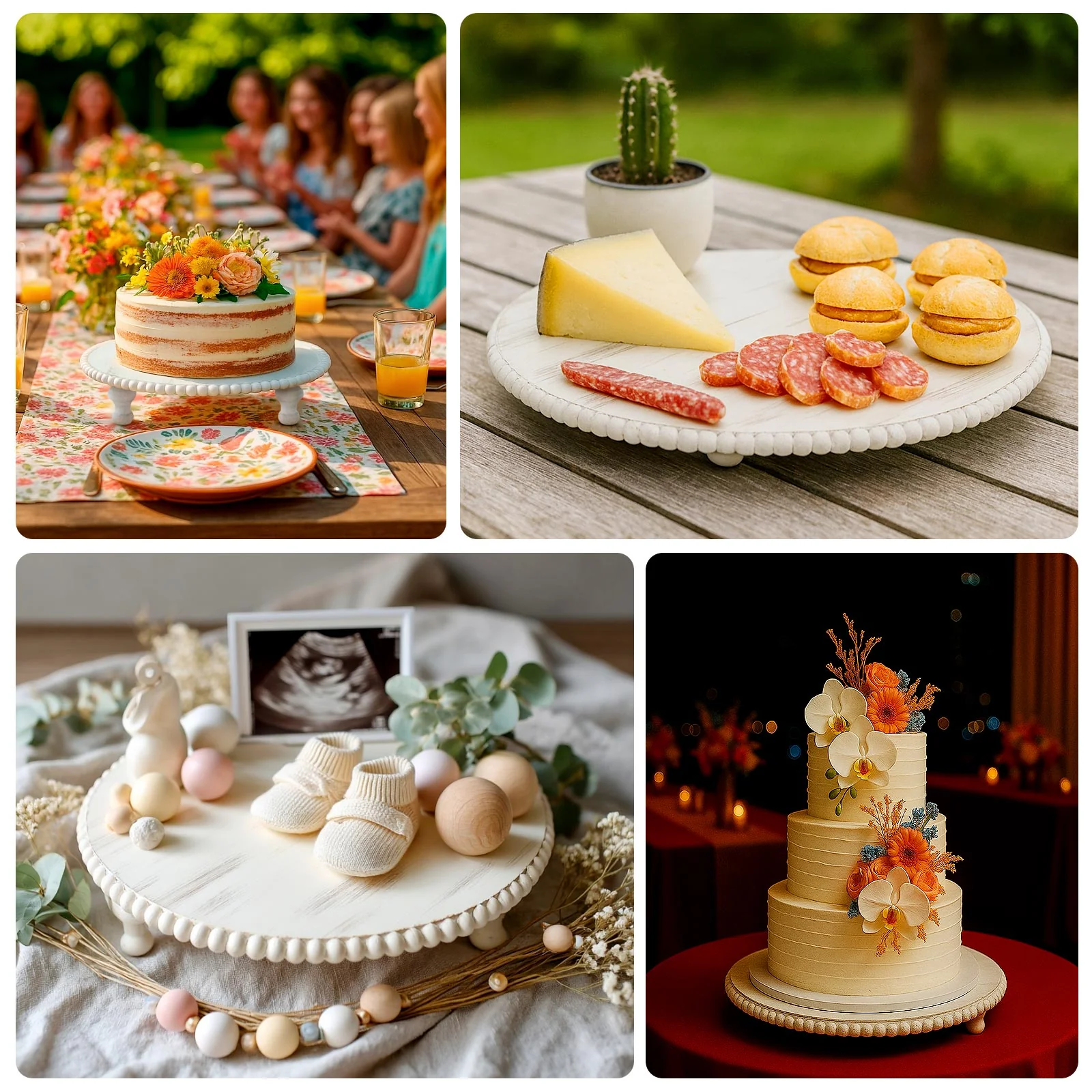 Wooden Pedestal Cake Stand 16" – Antique White Beaded Riser, Rustic Wood Slice or Cupcake Display - Image 4