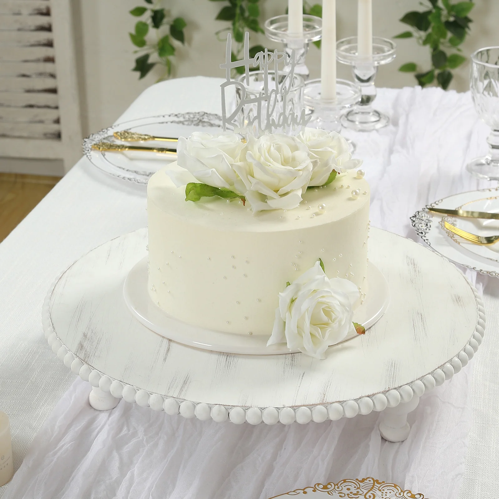 Wooden Pedestal Cake Stand 16" – Antique White Beaded Riser, Rustic Wood Slice or Cupcake Display - Image 5