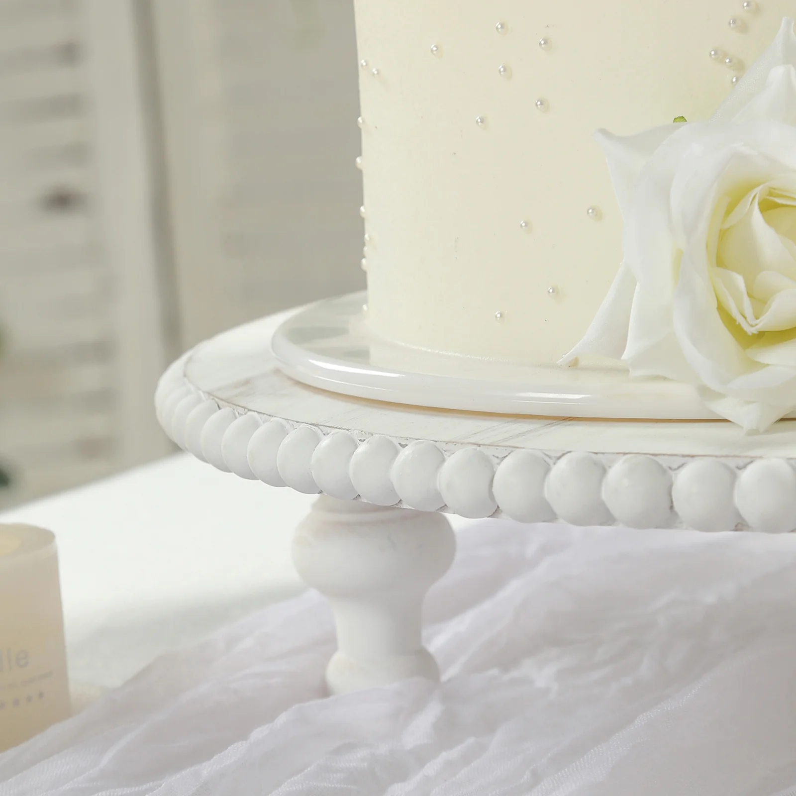 Wooden Pedestal Cake Stand 16" – Antique White Beaded Riser, Rustic Wood Slice or Cupcake Display - Image 6