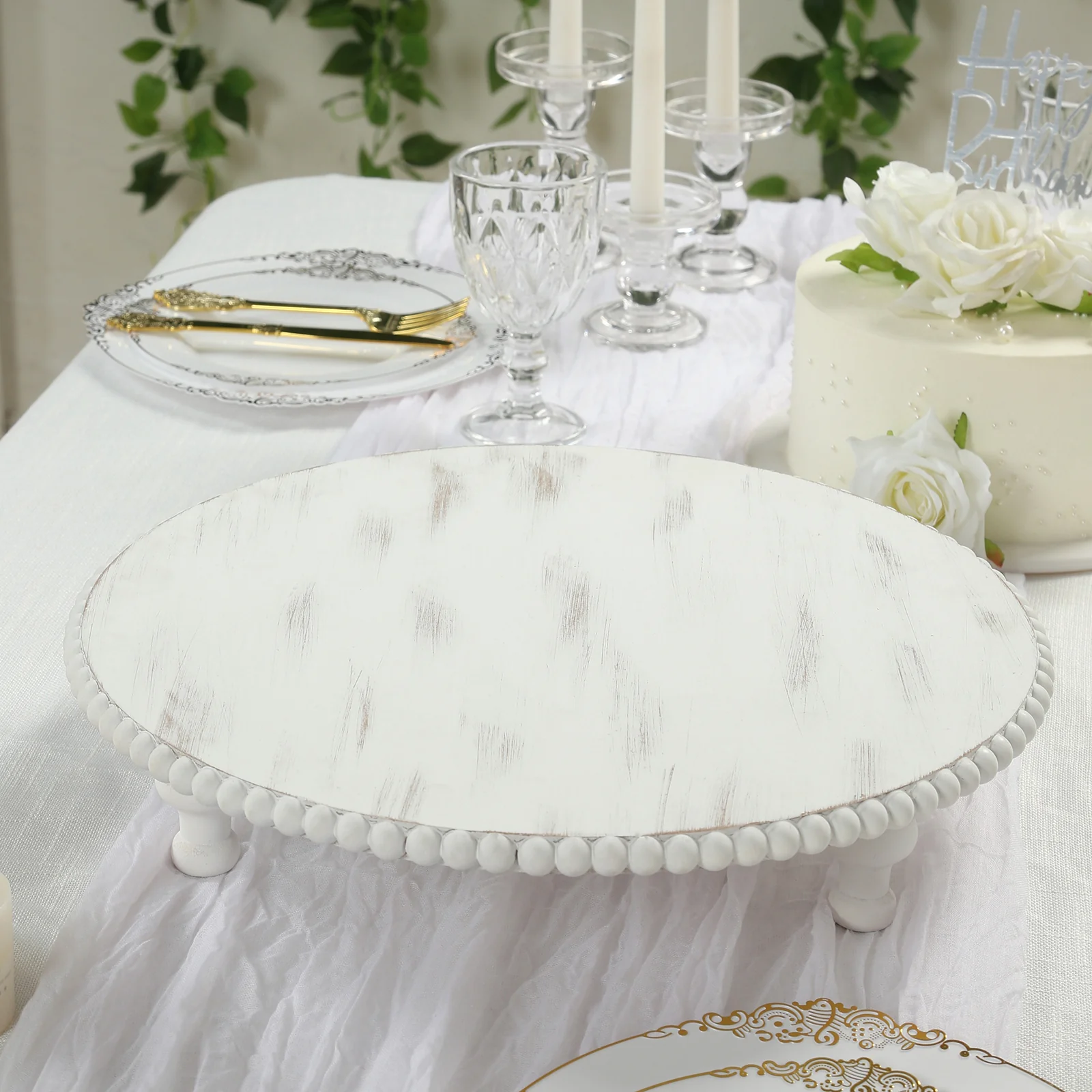 Wooden Pedestal Cake Stand 16" – Antique White Beaded Riser, Rustic Wood Slice or Cupcake Display - Image 8