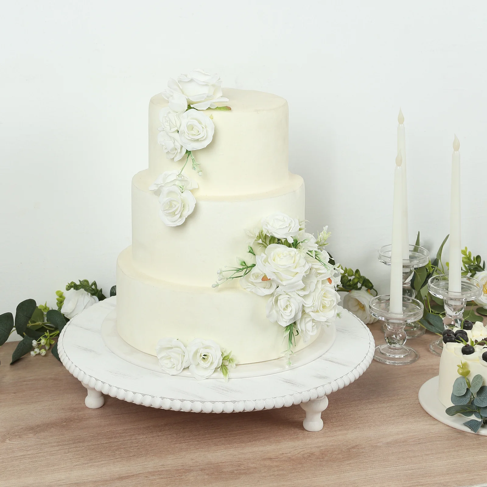 Wooden Pedestal Cake Stand 18" – Antique White Beaded Riser, Rustic Wood Slice or Cupcake Display - Image 5