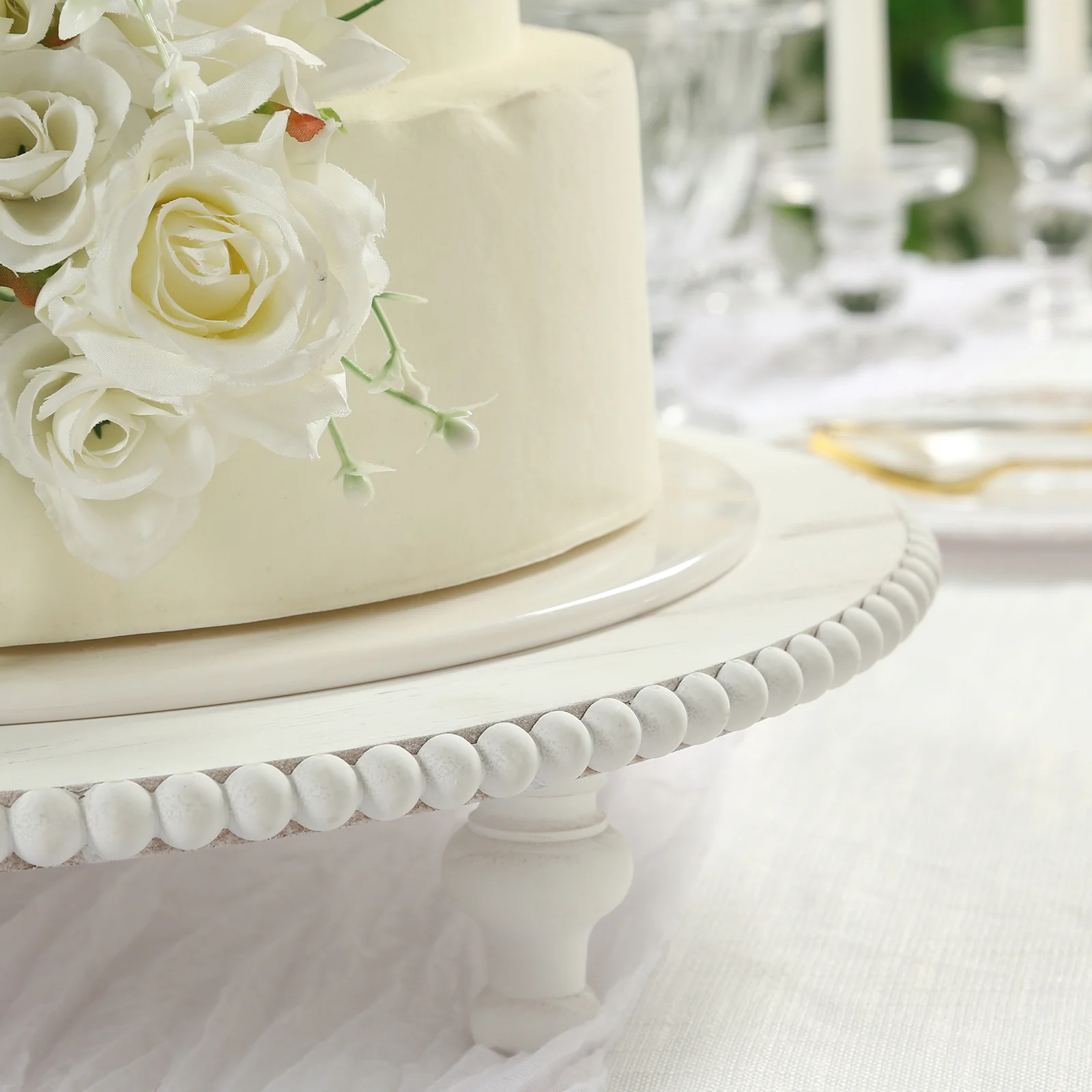 Wooden Pedestal Cake Stand 18" – Antique White Beaded Riser, Rustic Wood Slice or Cupcake Display - Image 6